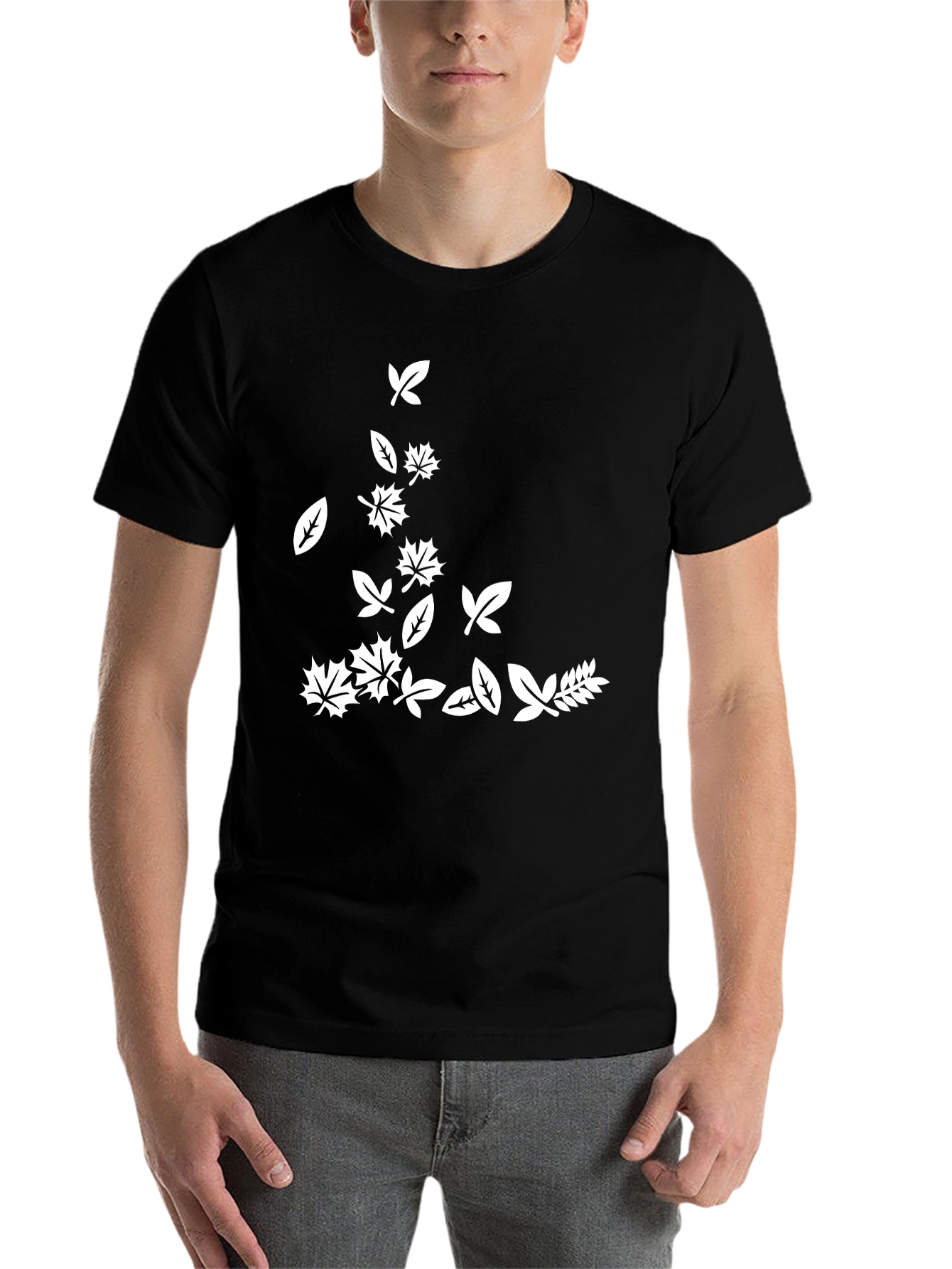 Black Men's Black T-Shirt with Falling Leaves Design view 7