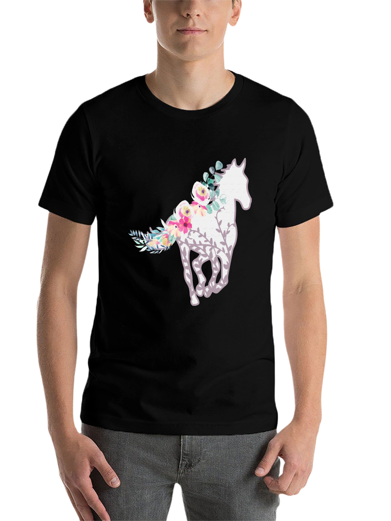 Black Floral Horse Graphic Tee - Stylish Comfort view 7