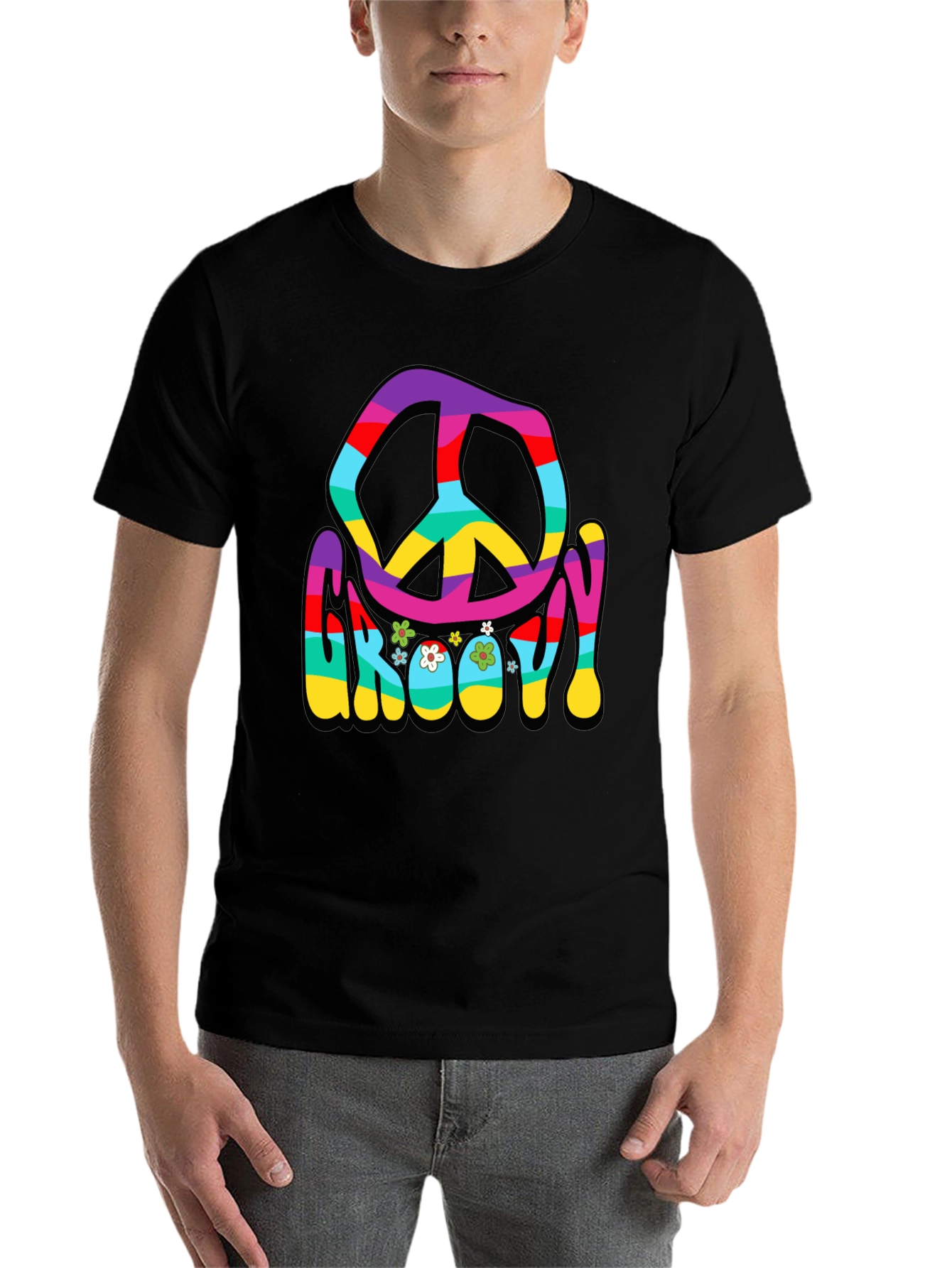 Black Groovy Peace Sign Graphic T-Shirt view 7