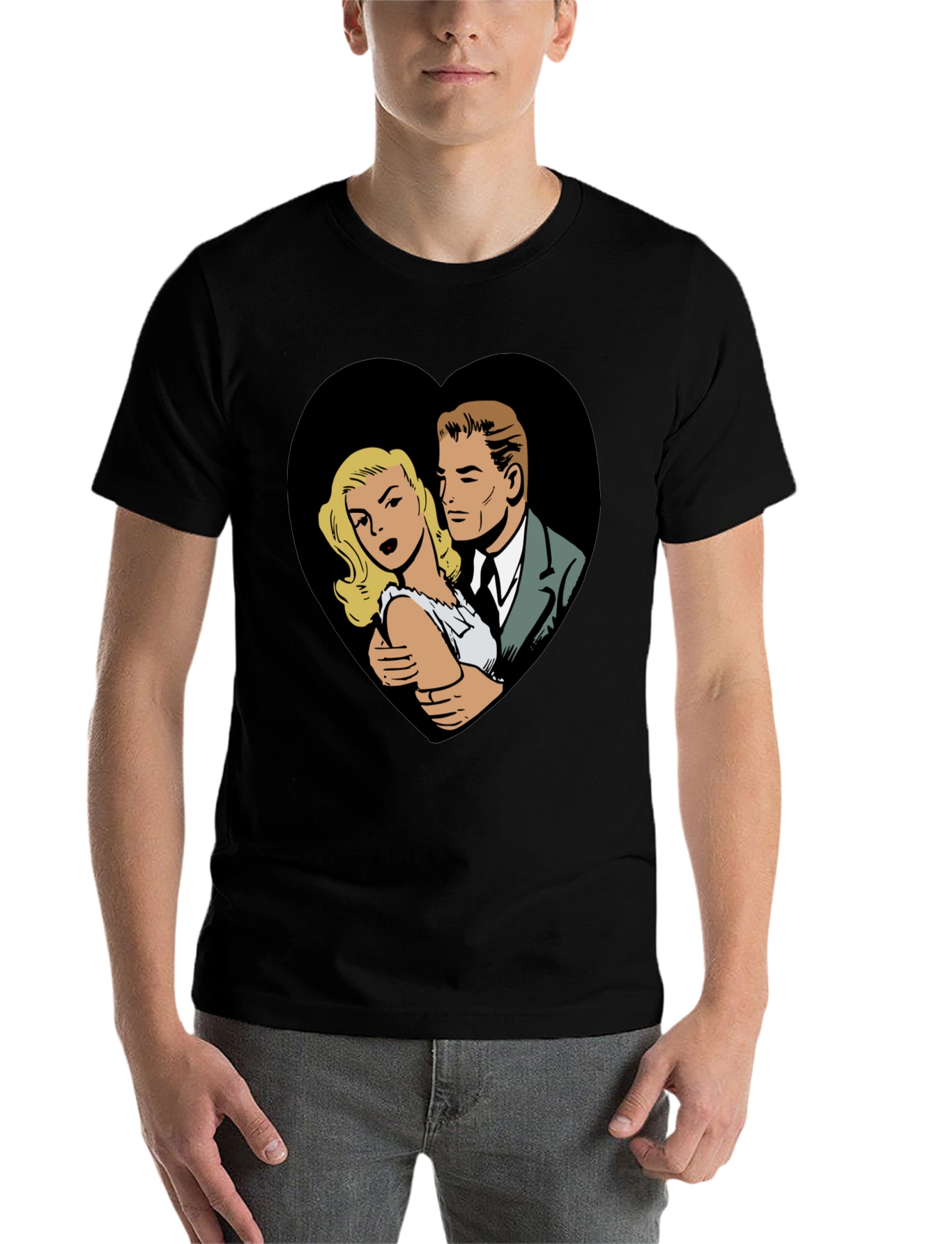 Black Retro Comic Couple Heart Graphic T-Shirt - Black view 7