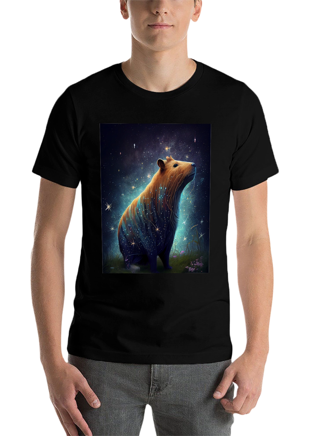 Black Starry Capybara Graphic Tee - Unisex Black T-Shirt view 7