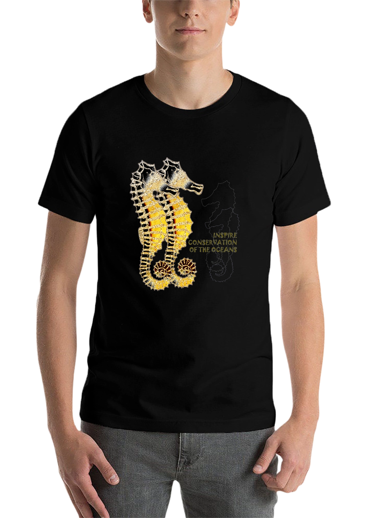 Black Seahorse Inspire Oceans Conservation Black T-Shirt view 7