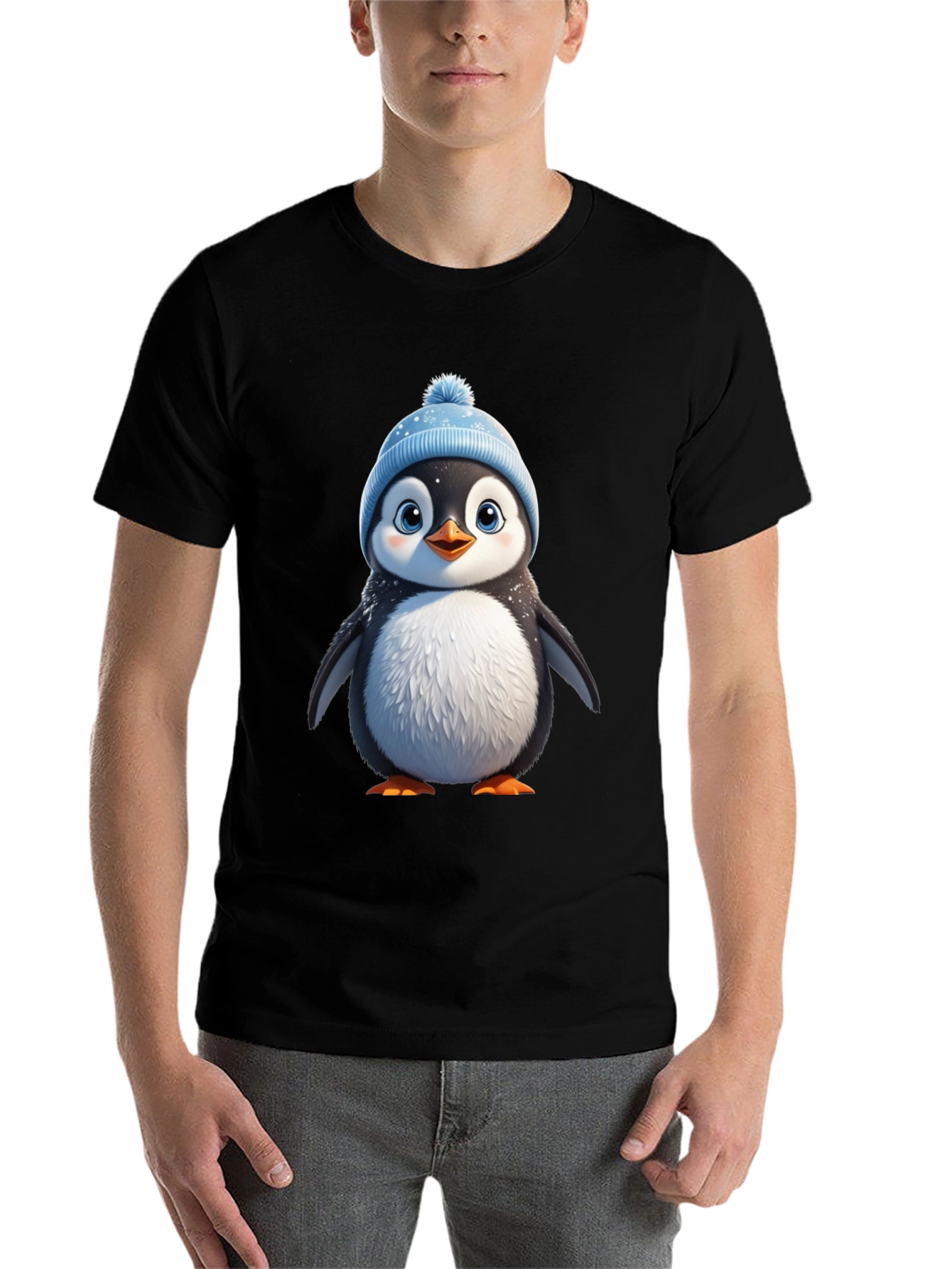 Black Cute Penguin Graphic Tee - Black Cotton Blend view 7