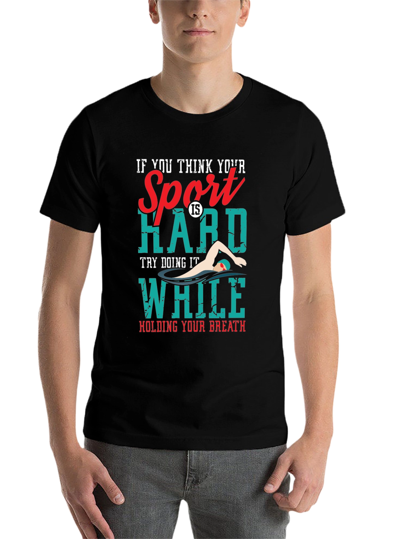 Black Funny Swimmer T-Shirt: Hard Sport, Hold Your Breath view 7