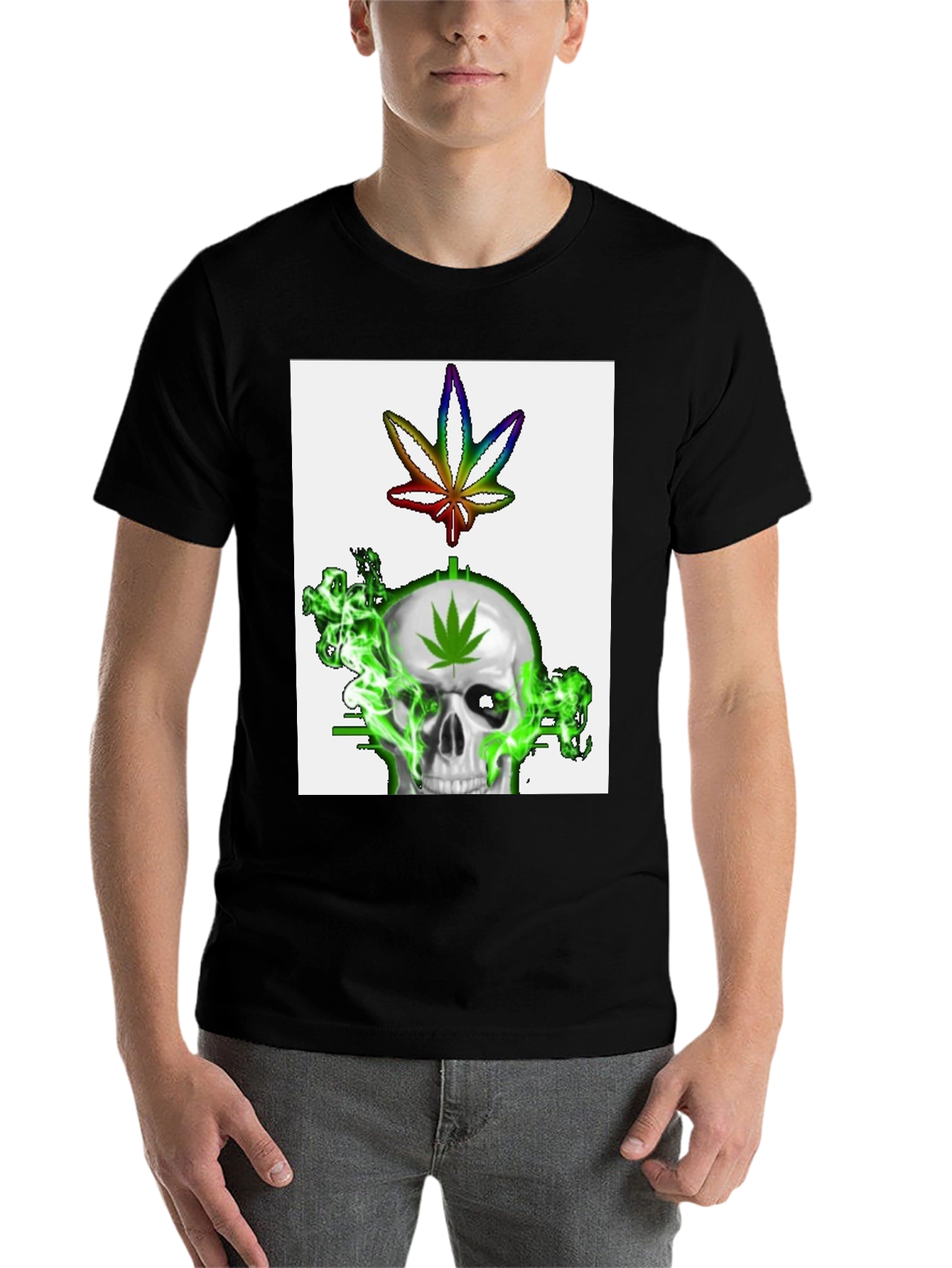 Black Skull & Weed Leaf Graphic T-Shirt view 7