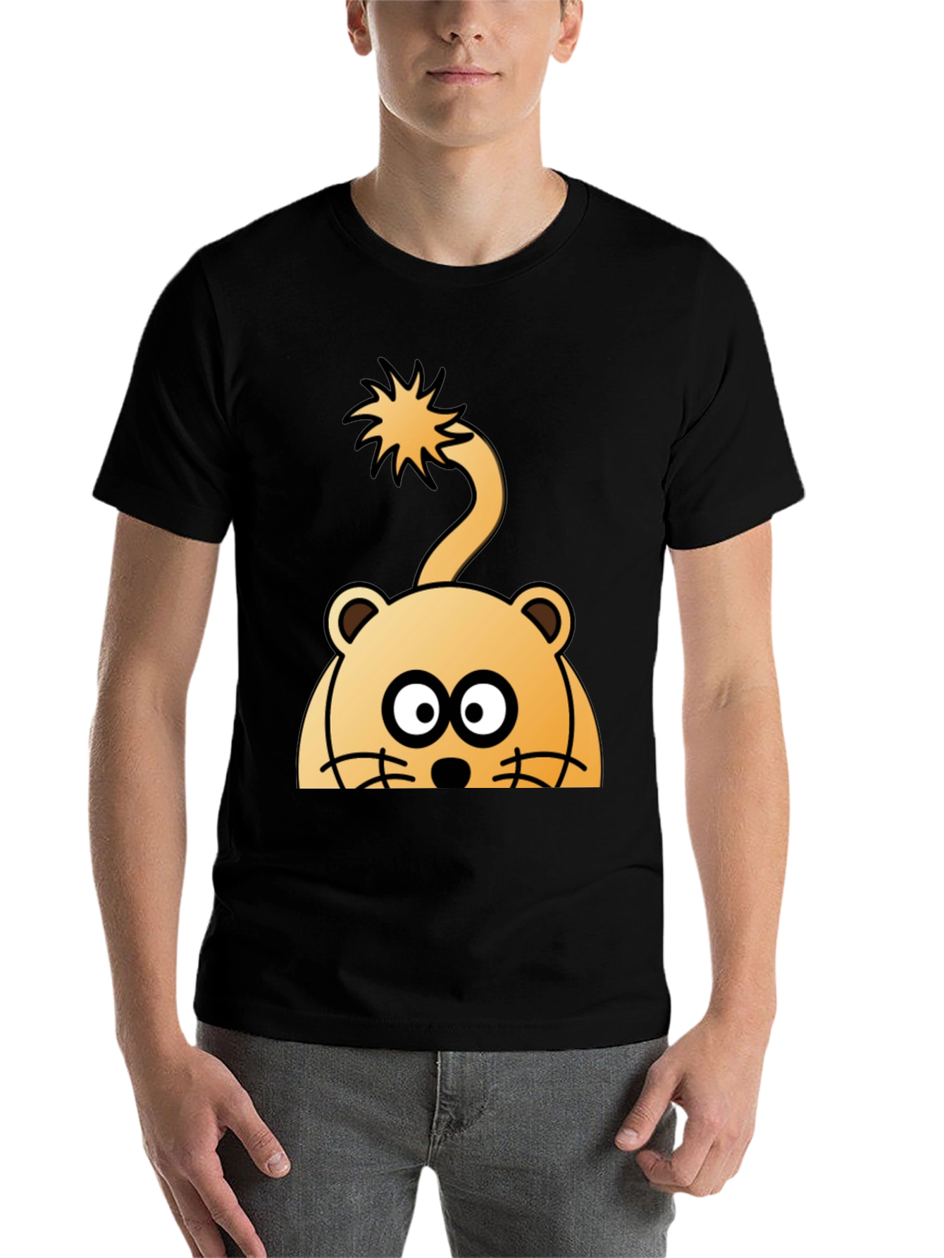 Cartoon Lion Peek-a-boo Black T-Shirt - 7