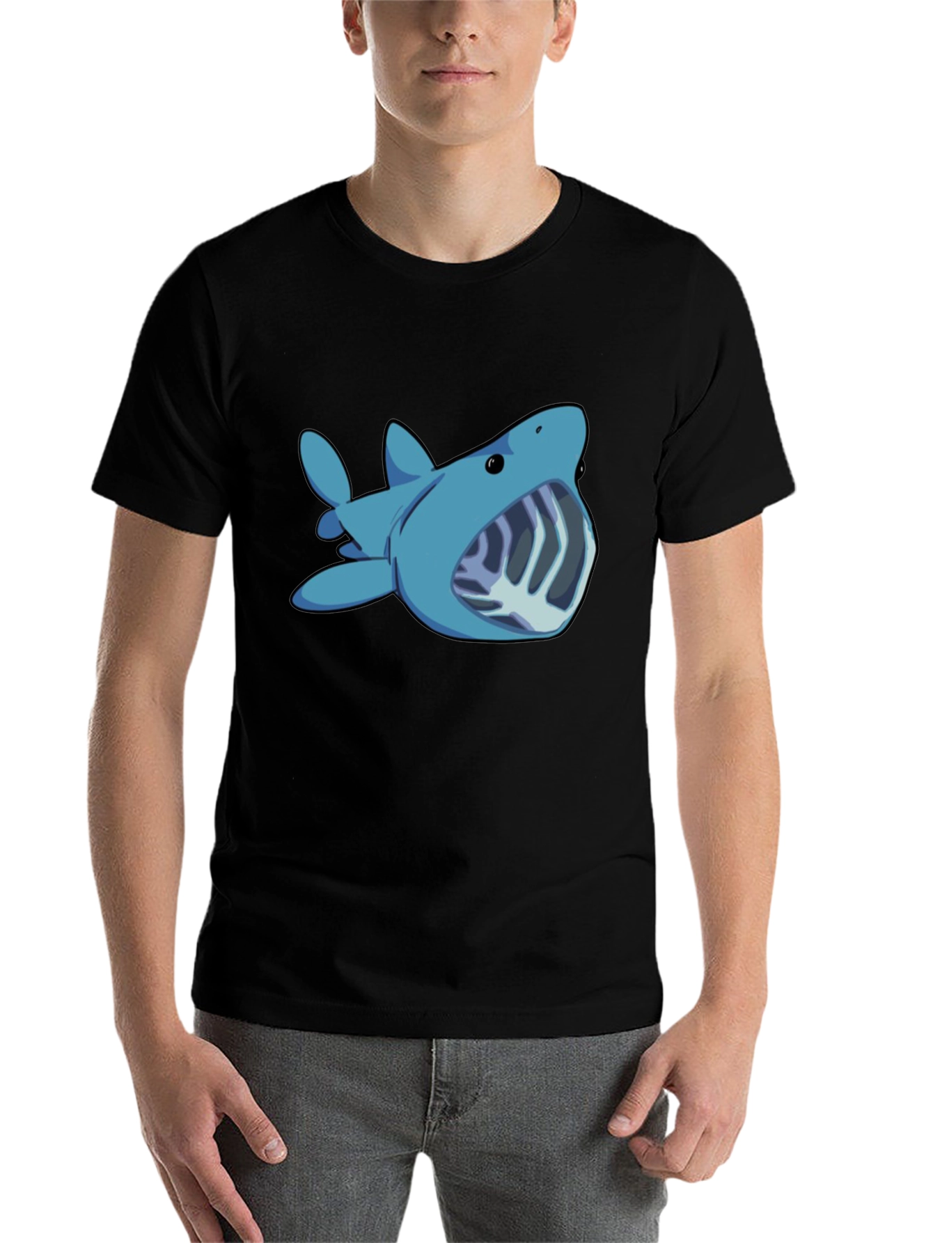 Black Cartoon Shark Graphic Tee - Black Unisex T-Shirt view 7