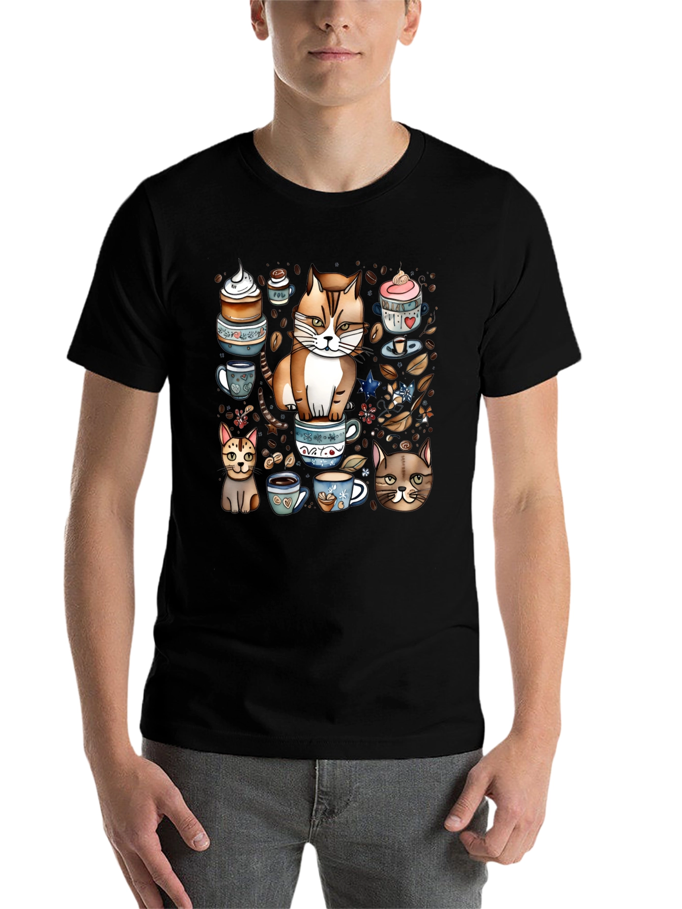 Black Cat & Coffee Lover T-Shirt - Cute Cartoon Design view 7
