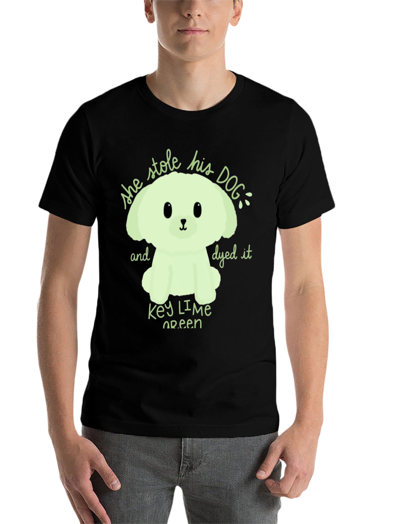 Black Key Lime Green Dog T-Shirt - 'She Stole His Dog' Graphic Tee view 7