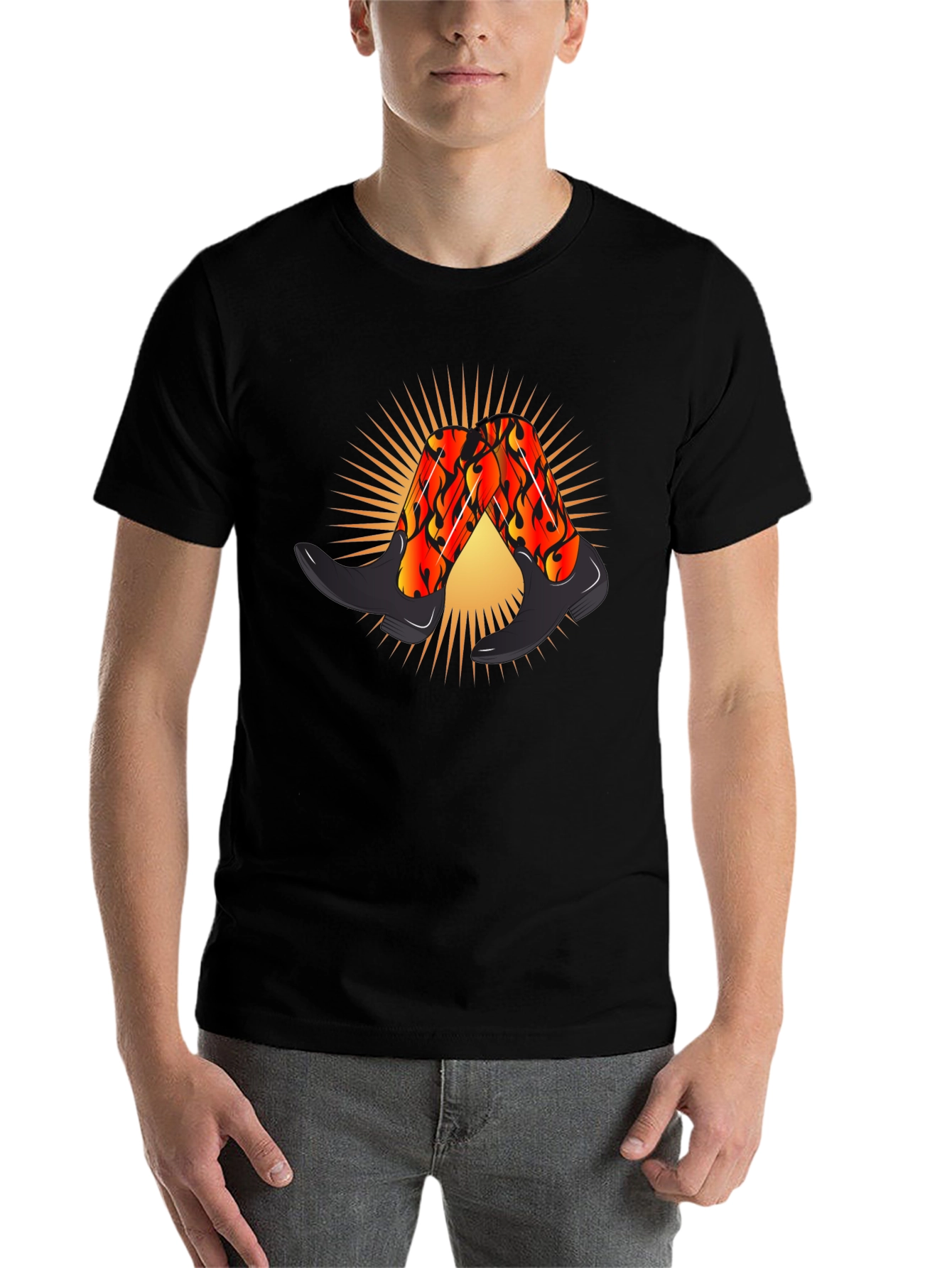 Black Fiery Cowboy Boots Graphic Black T-Shirt view 7