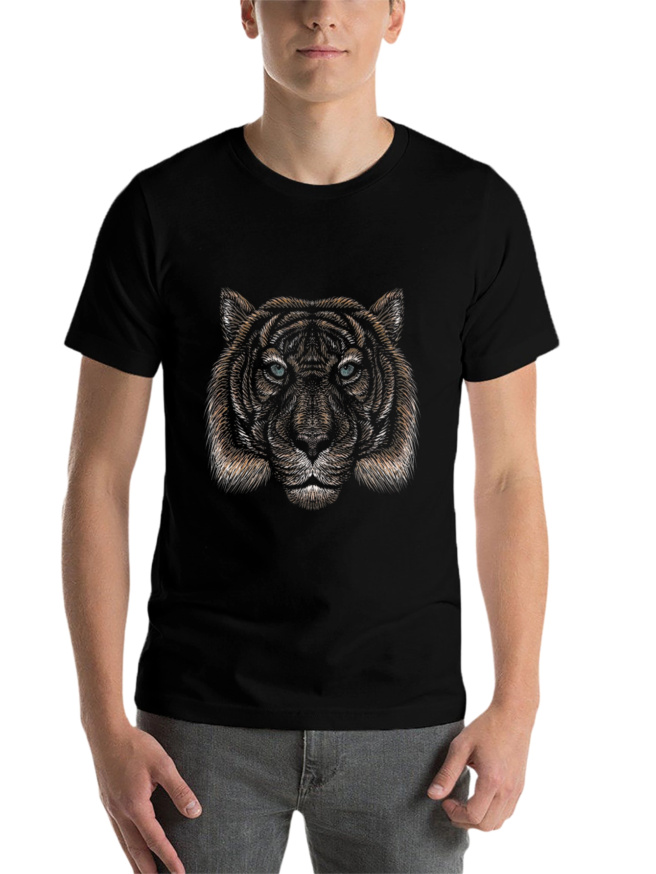 Black Tiger Face Graphic Black T-Shirt - Men's Fashion view 7