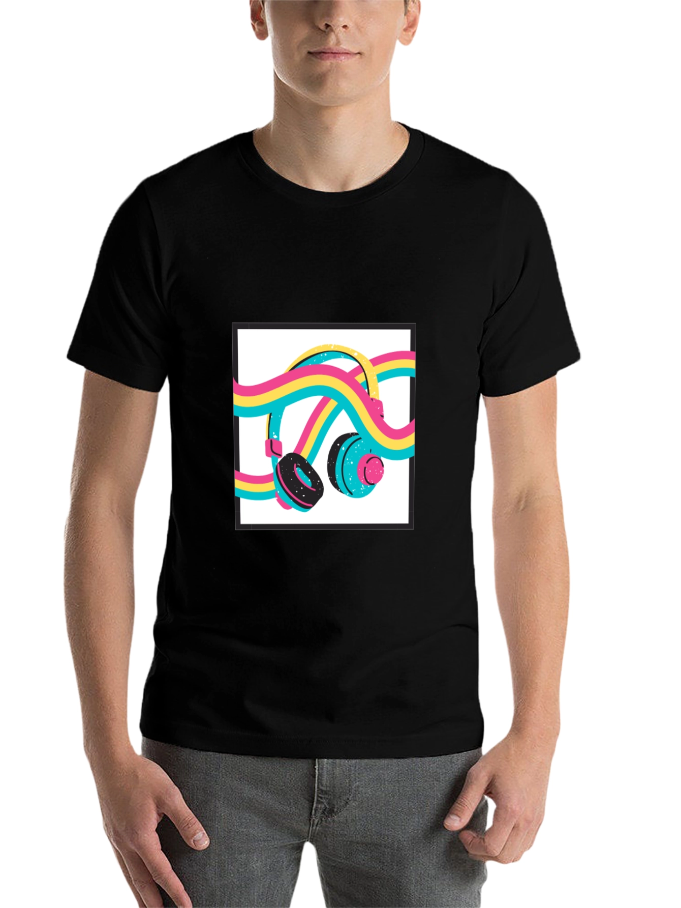 Black Retro Headphones Graphic Tee - Black Cotton Blend Shirt view 7