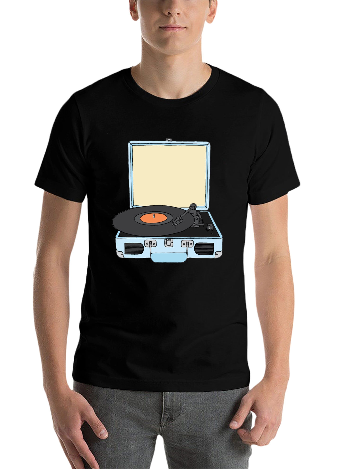 Black Retro Turntable Graphic Tee - Black Cotton T-Shirt view 7