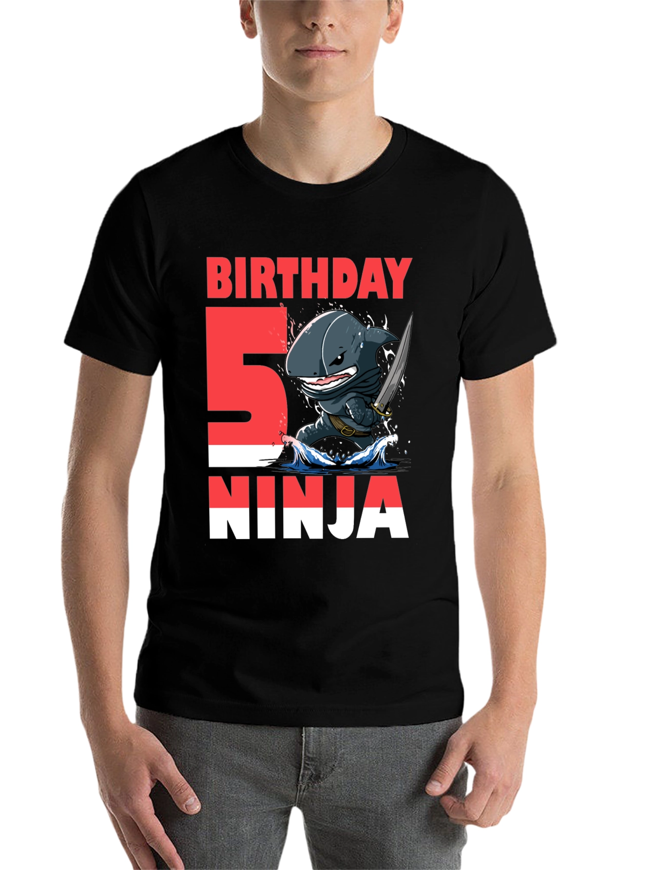 Black 5th Birthday Ninja Shark T-Shirt view 7