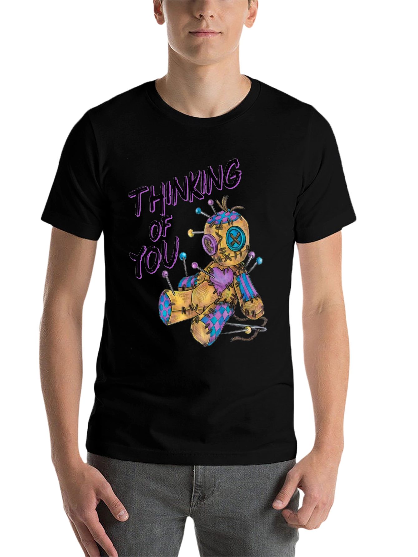 Black Thinking of You Voodoo Doll Graphic T-Shirt view 7