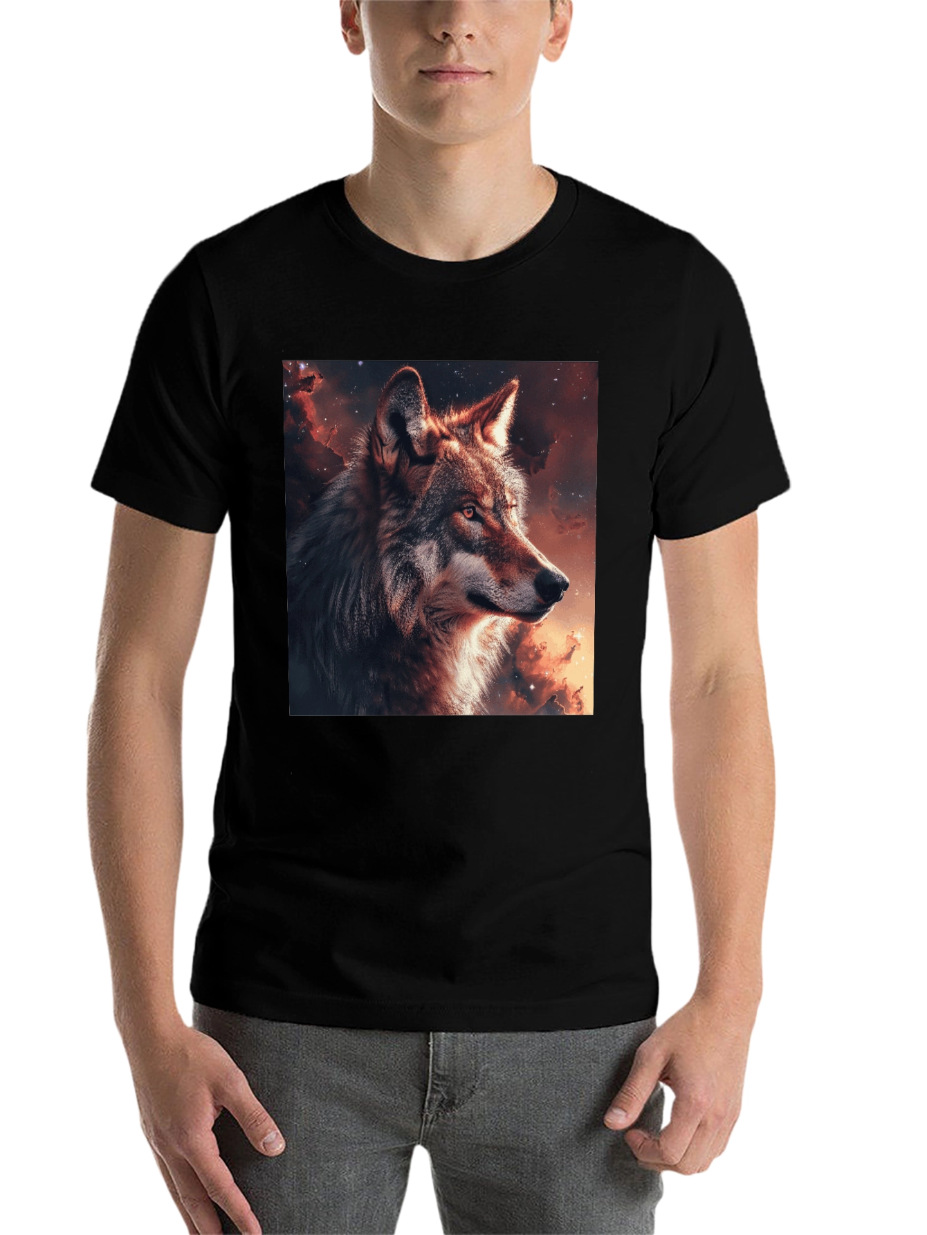 Black Wolf Galaxy Graphic T-Shirt - Men's Black Tee view 7