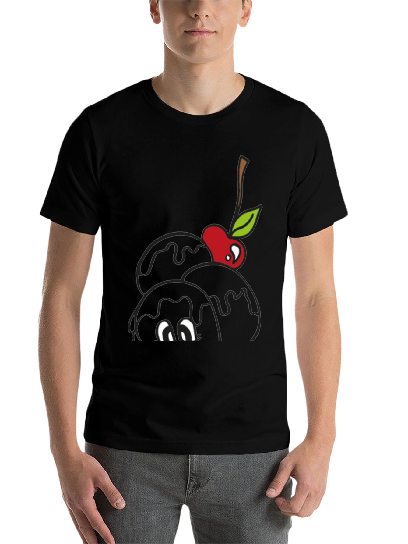 Black Black T-Shirt with Cartoon Cherry Ice Cream Design view 7