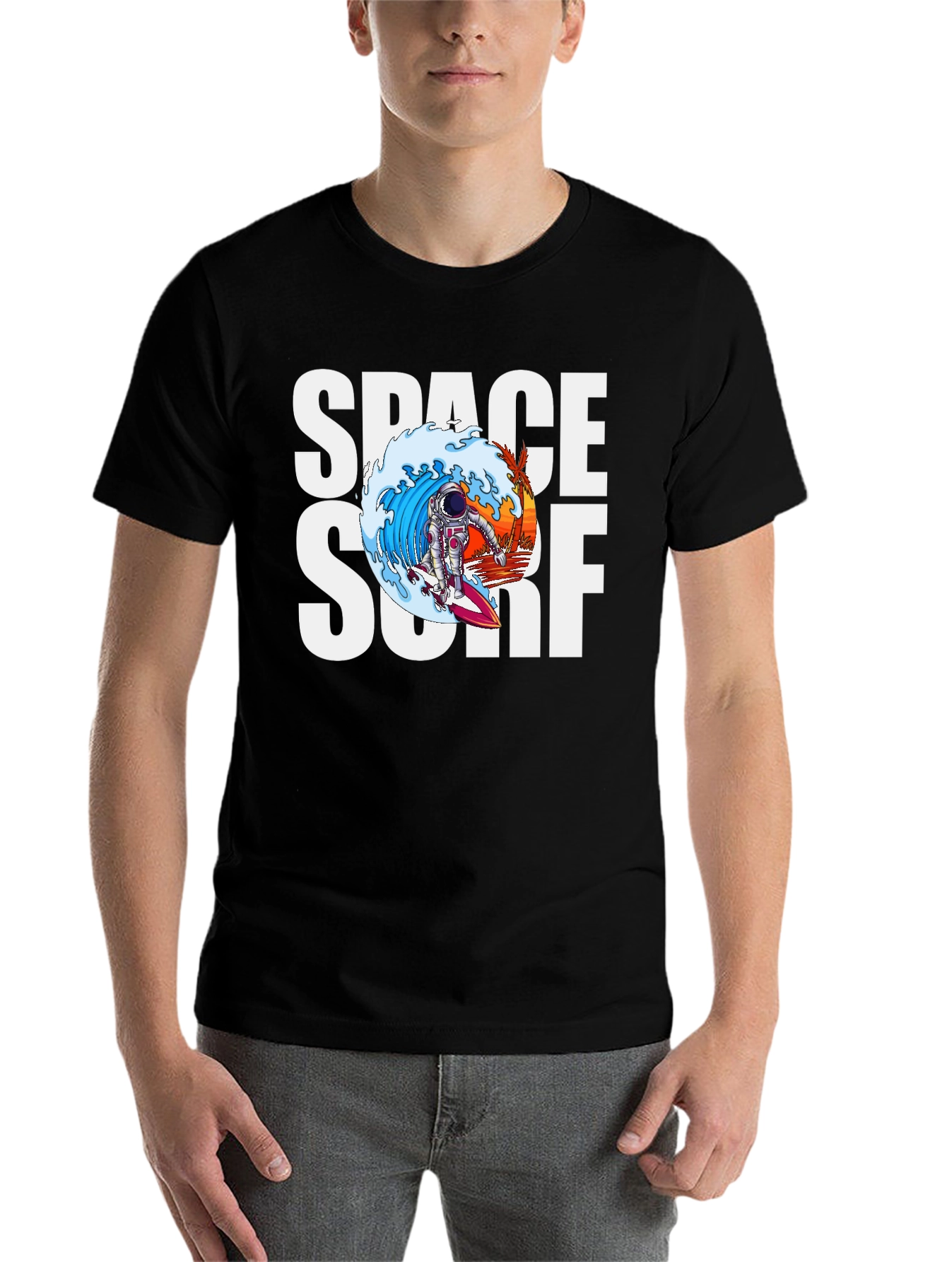 Black Space Surf Graphic Tee - Astronaut Surfing T-Shirt view 7