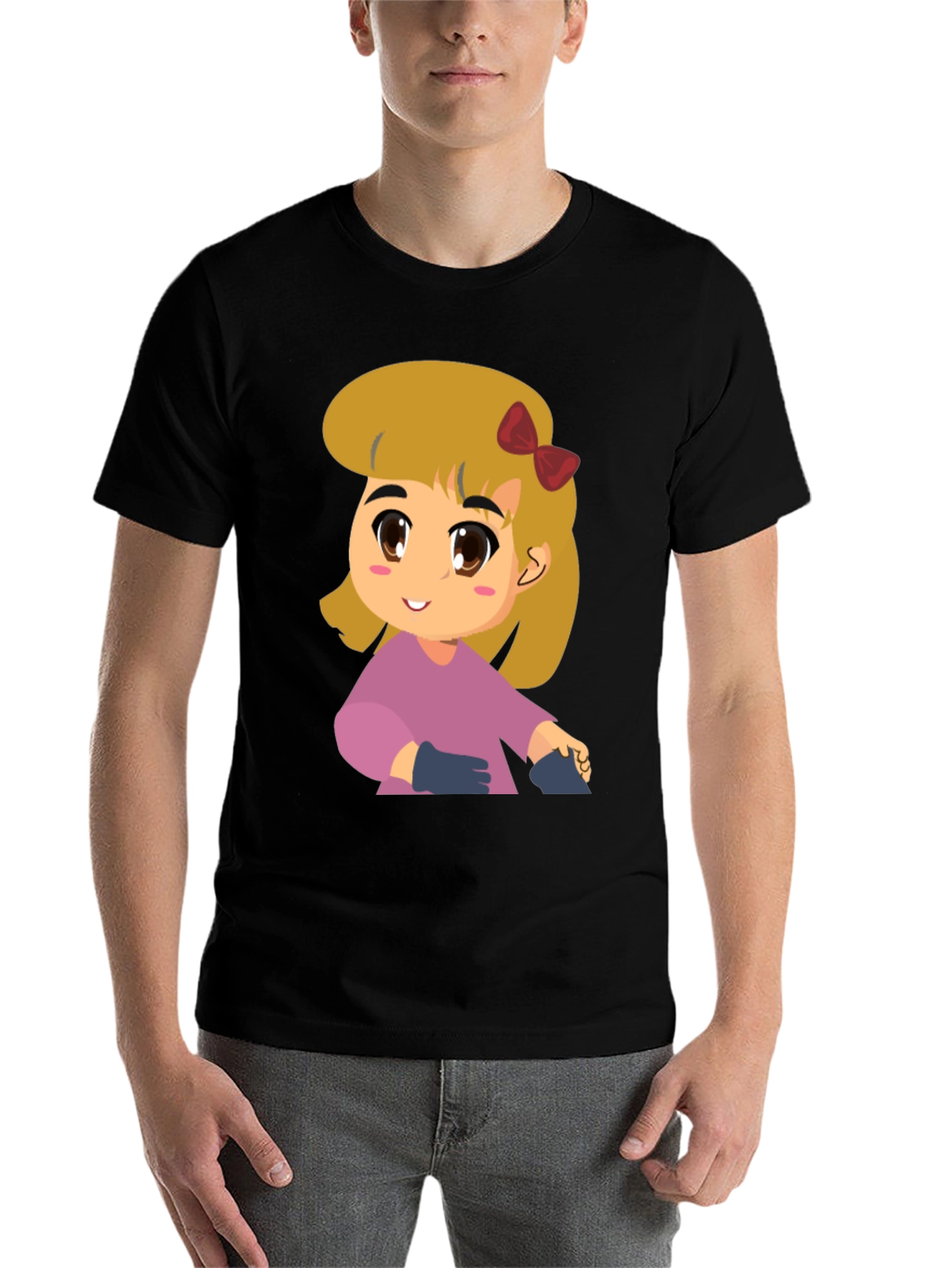 Black Cute Girl Cartoon Black T-Shirt view 7