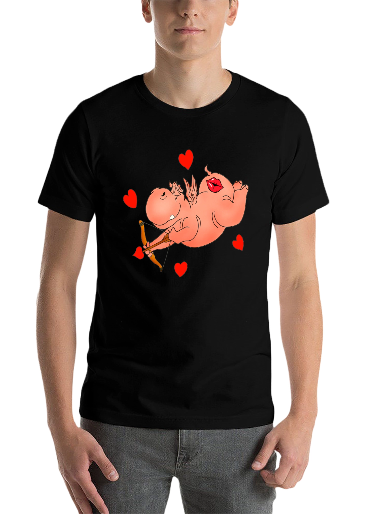 Black Cupid Hippo Graphic Tee - Funny Valentine's Day Shirt view 7