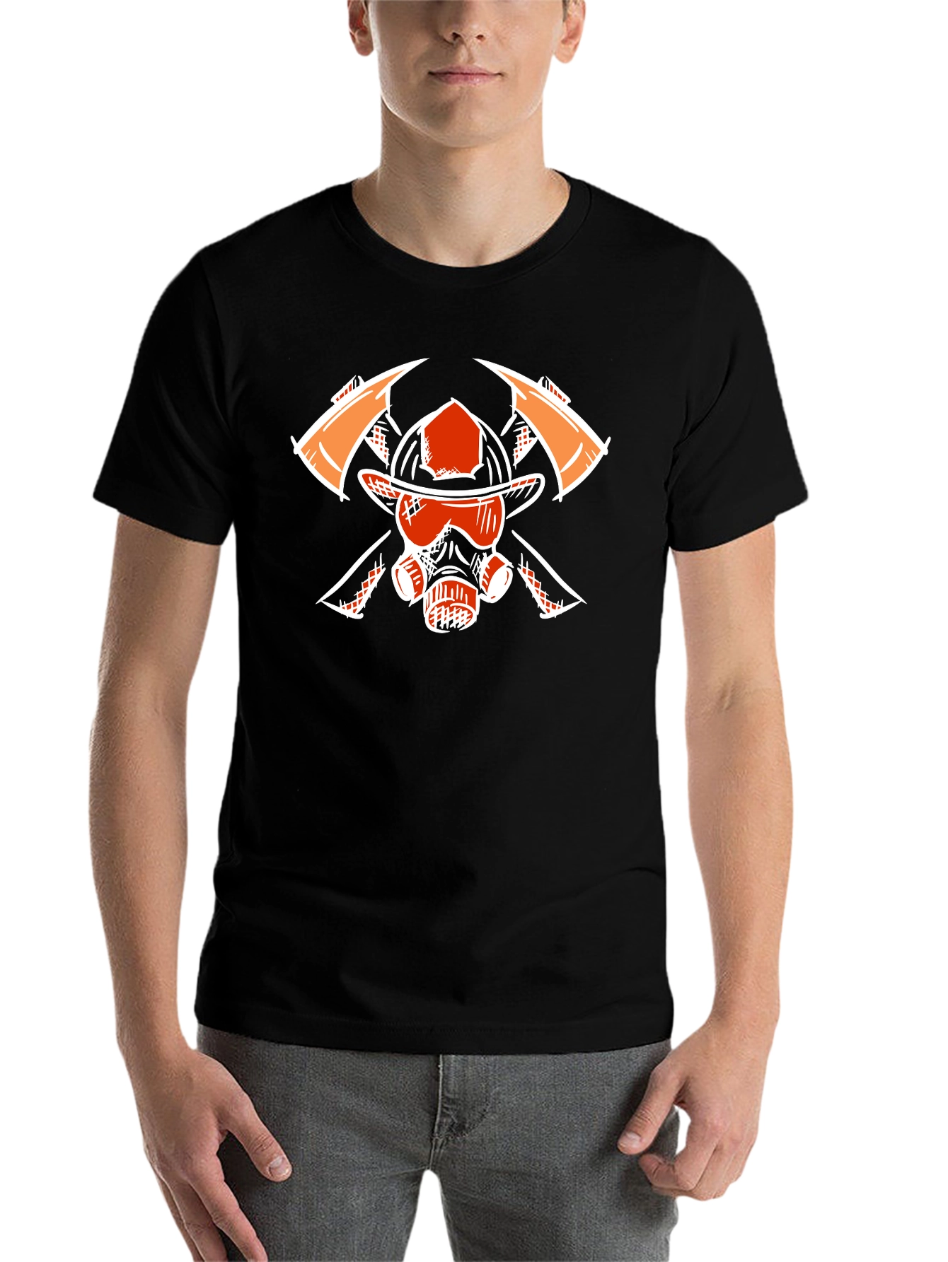 Black Firefighter Graphic Tee - Axes, Helmet, Mask view 7