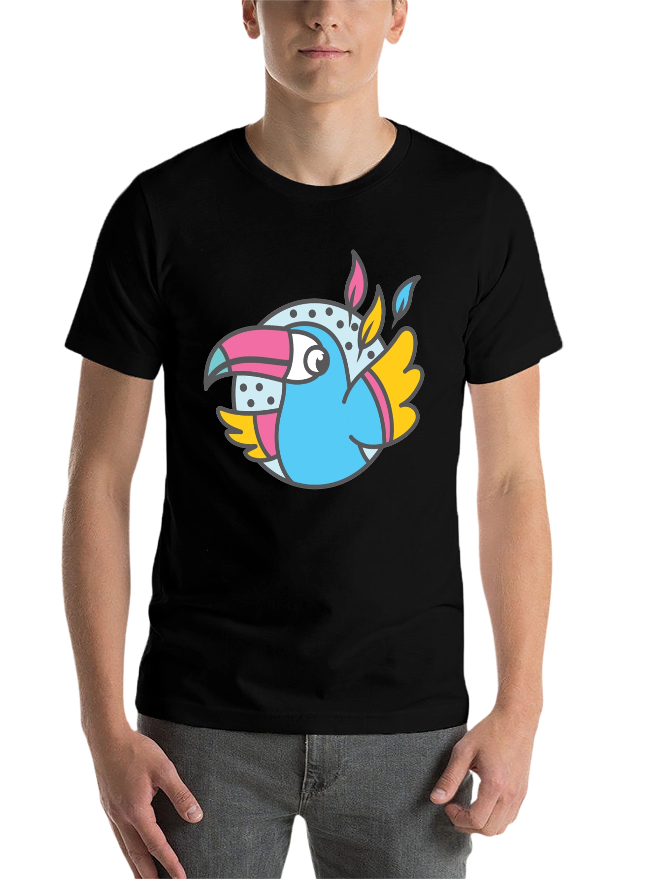 Black Toucan Cartoon Graphic Tee - Black Cotton Blend Shirt view 7