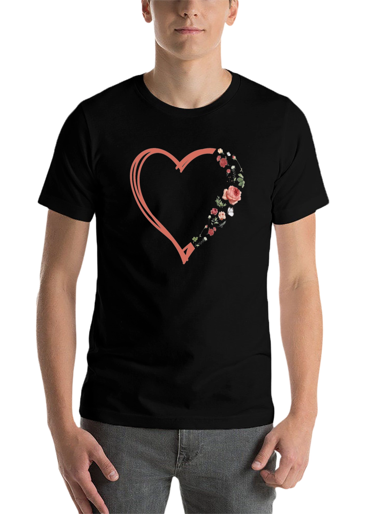 Black Floral Heart Graphic Tee - Stylish Casual Wear view 7