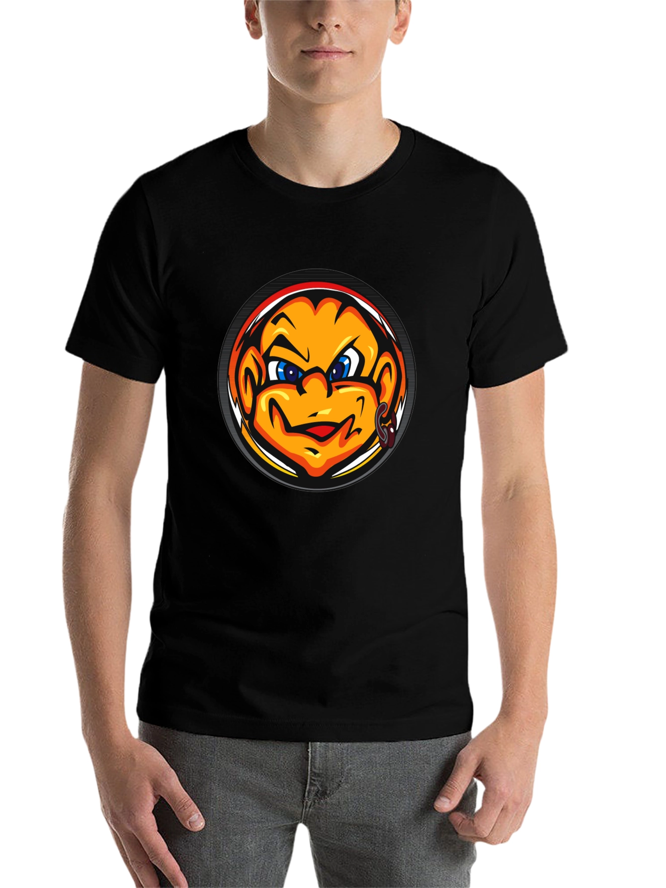 Black Cool Black T-Shirt with Cartoon Face Graphic view 7