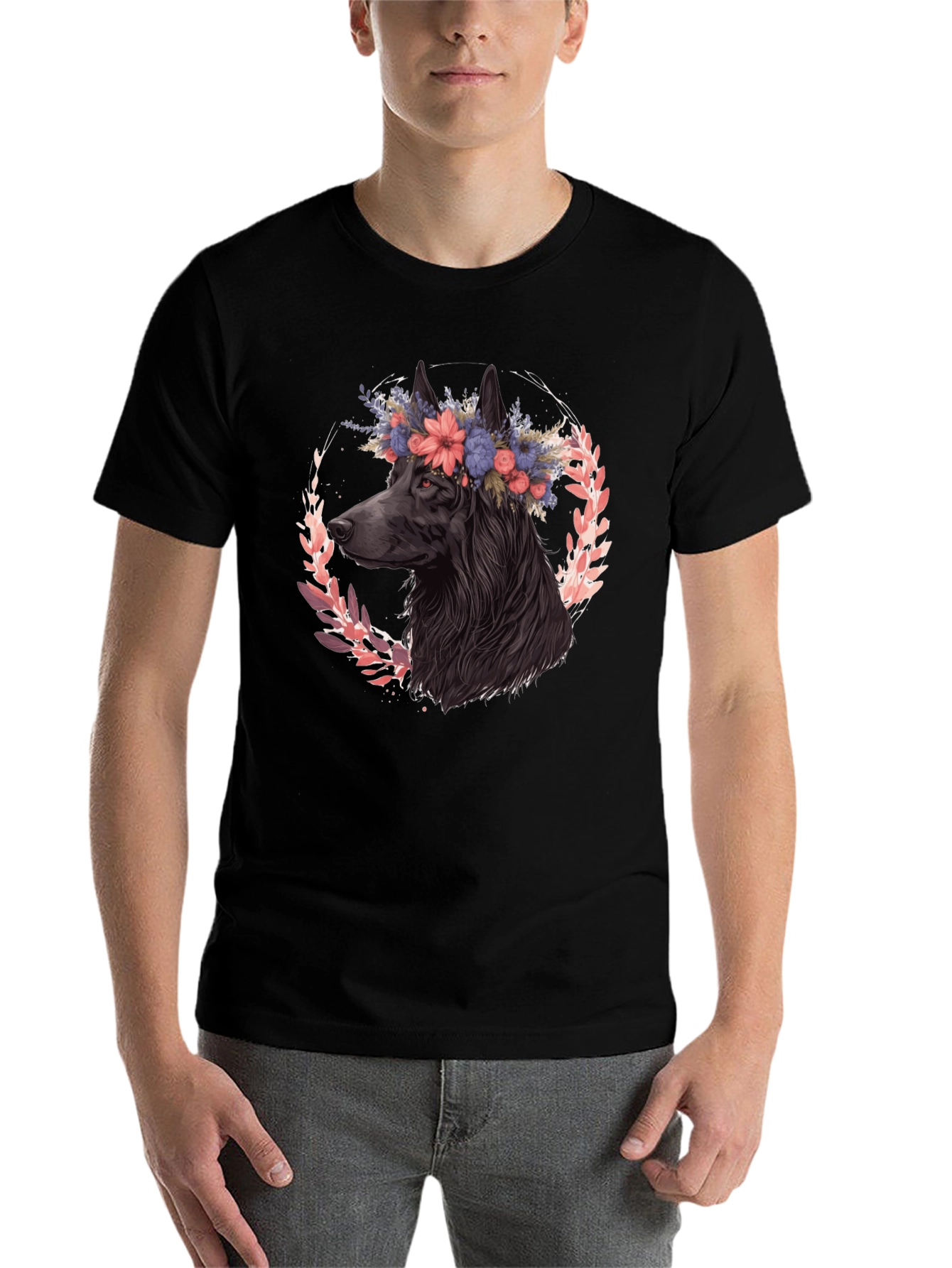 Black Floral Dog Graphic Tee - Black Cotton T-Shirt view 7
