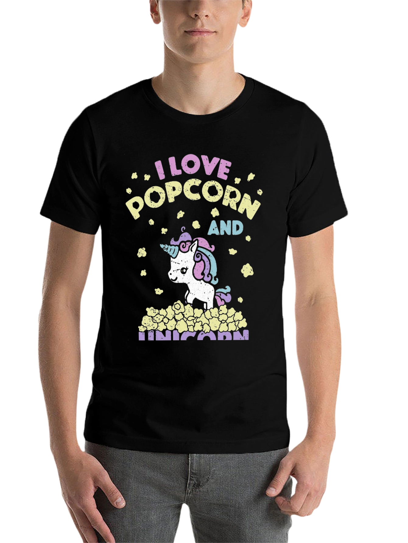 Black I Love Popcorn and Unicorn T-Shirt view 7