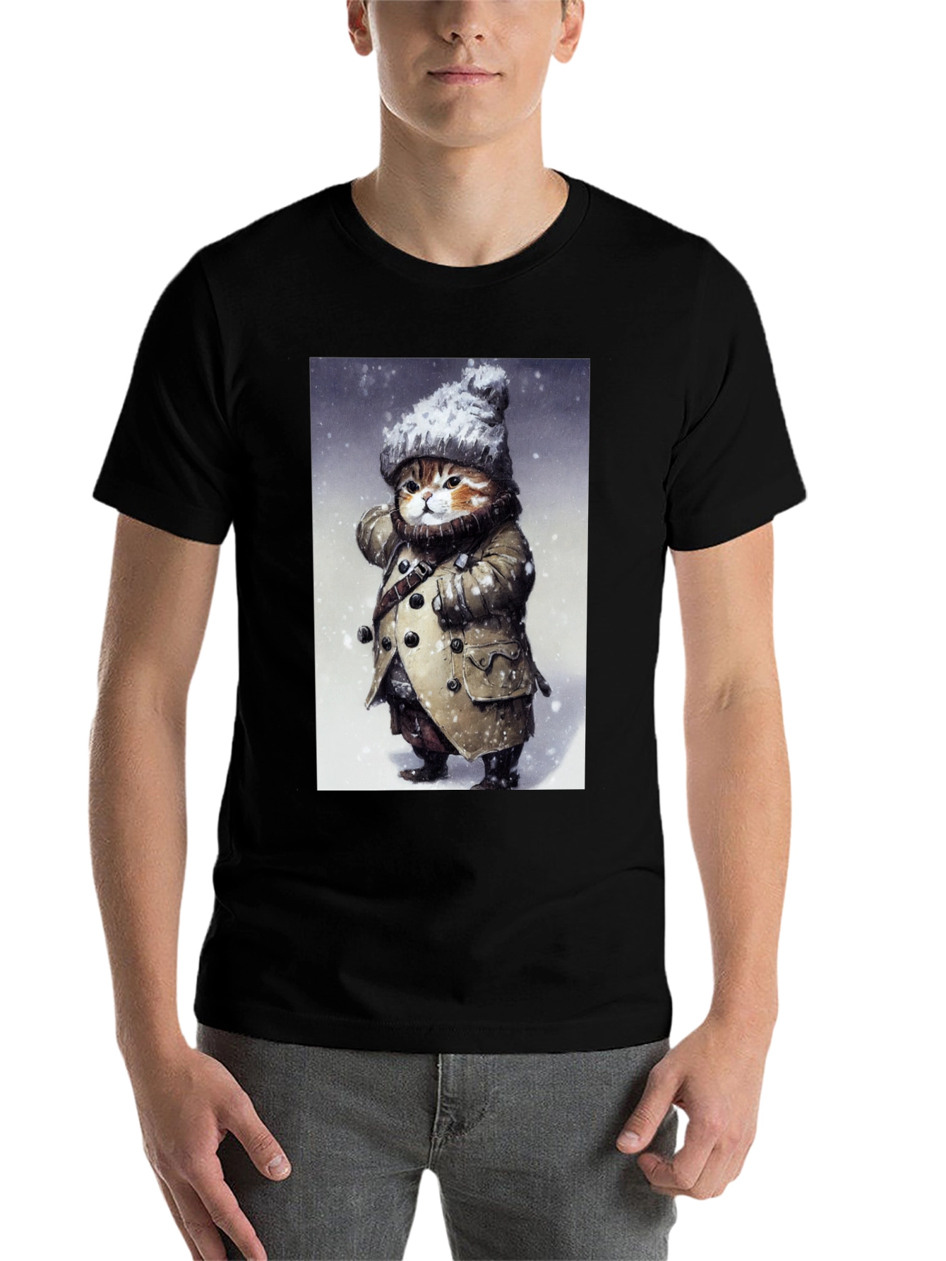 Black Winter Cat in Coat T-Shirt - Unique Graphic Tee view 7
