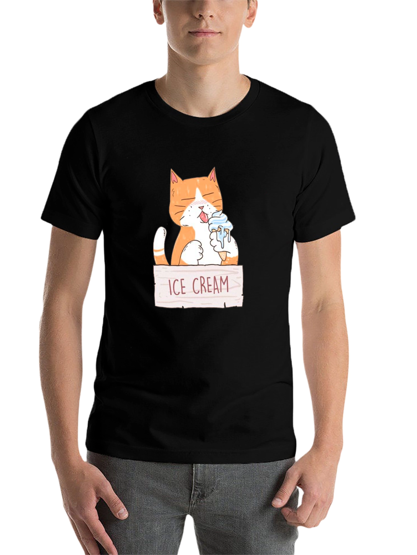 Black Funny Cat Eating Ice Cream Graphic T-Shirt view 7