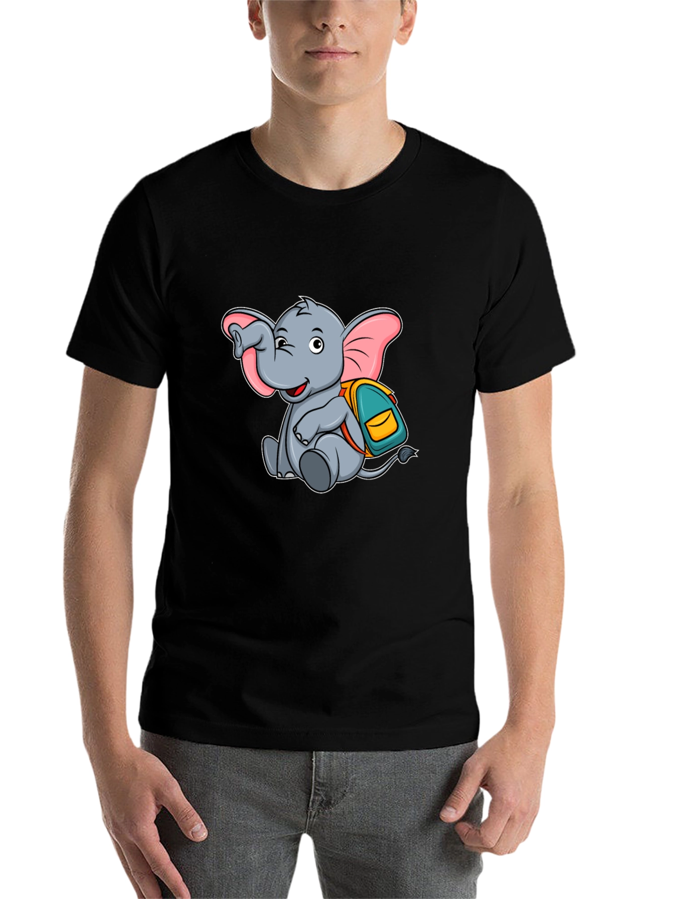 Black Cute Elephant with Backpack Black T-Shirt view 7