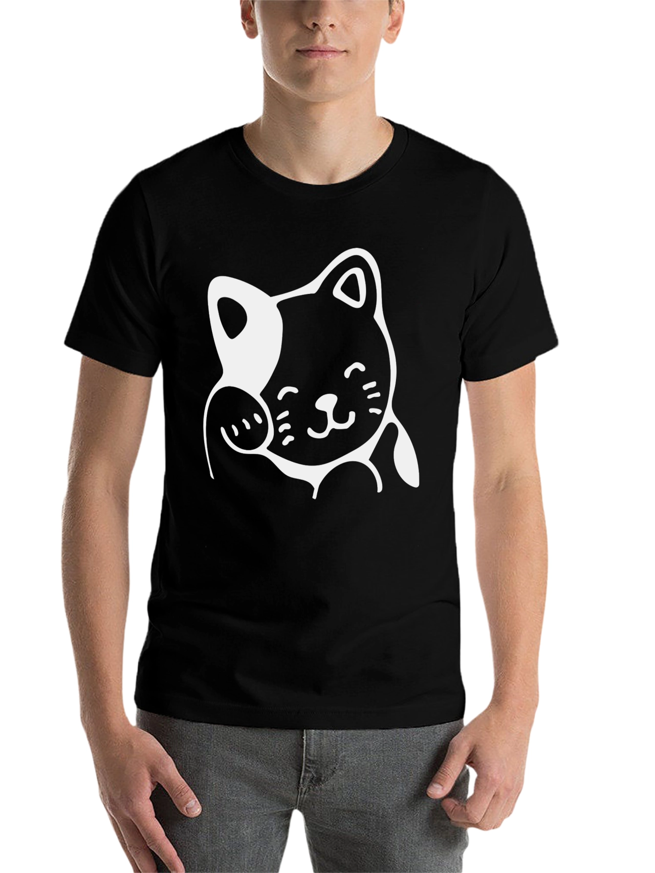 Black Cute Cat Graphic Tee - Black Cotton Casual T-Shirt view 7