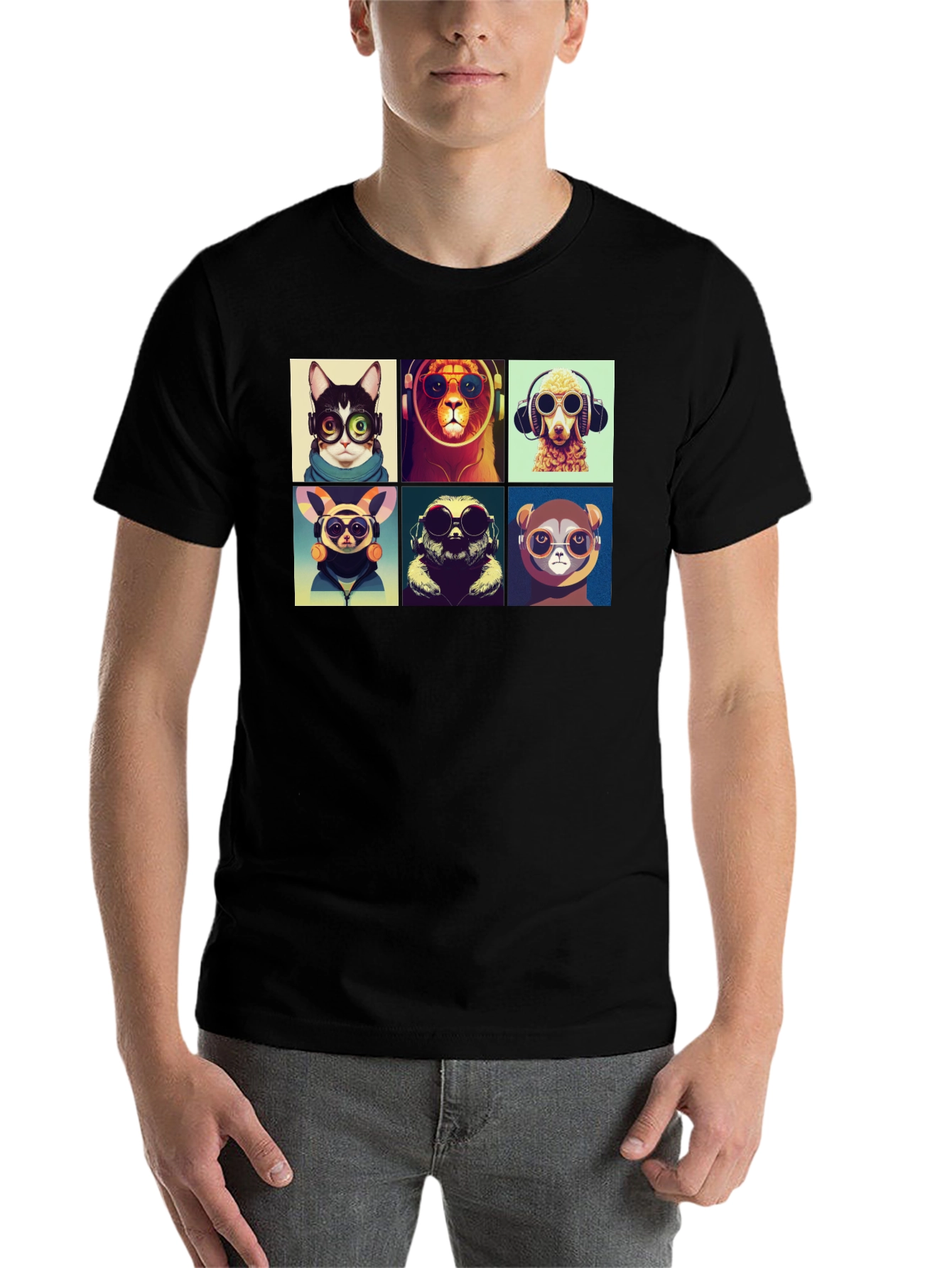 Black Hipster Animals T-Shirt: Cool Graphic Tee view 7