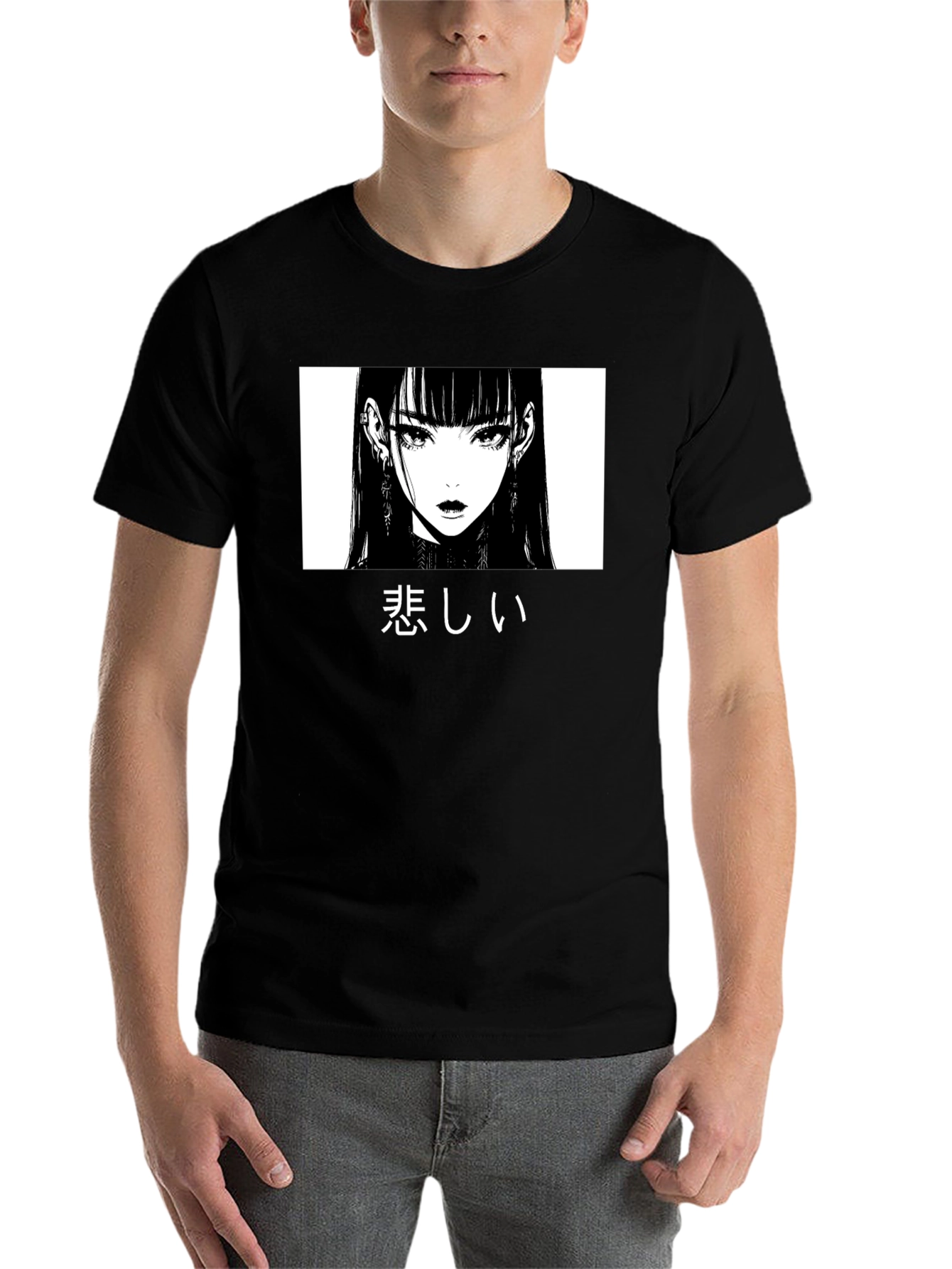 Black Sad Anime Girl Graphic T-Shirt view 7