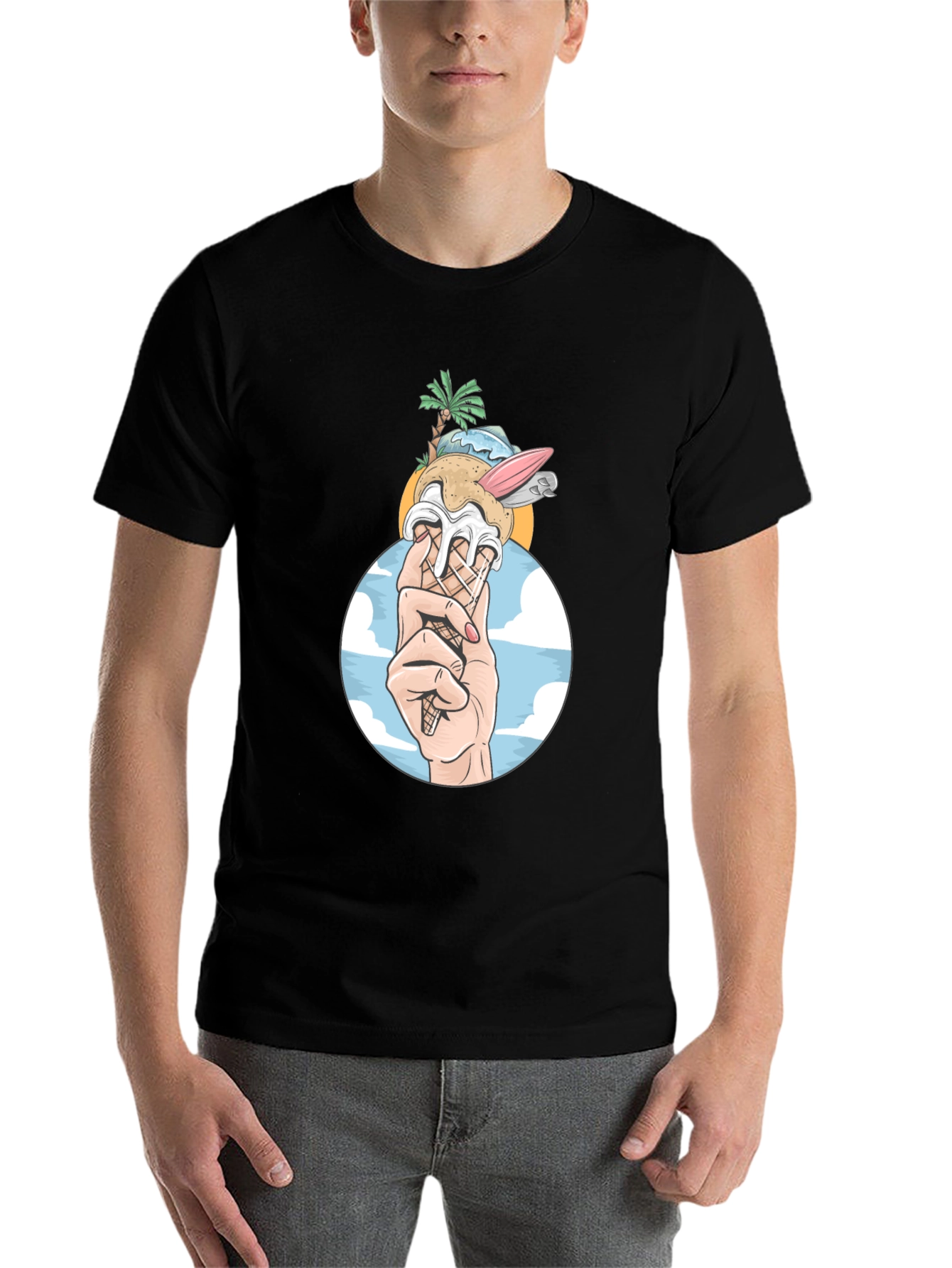 Black Tropical Ice Cream Cone Graphic Tee - Black Cotton Shirt view 7