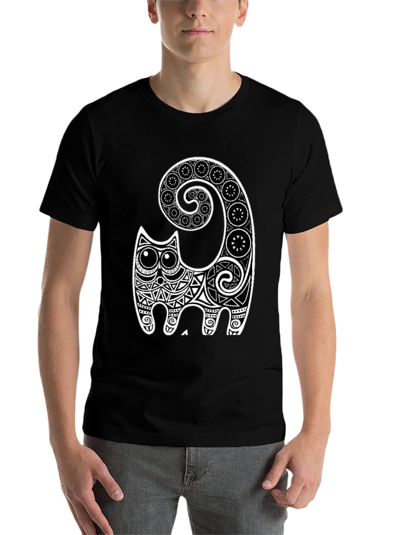 Black Tribal Cat Graphic Tee - Black view 7
