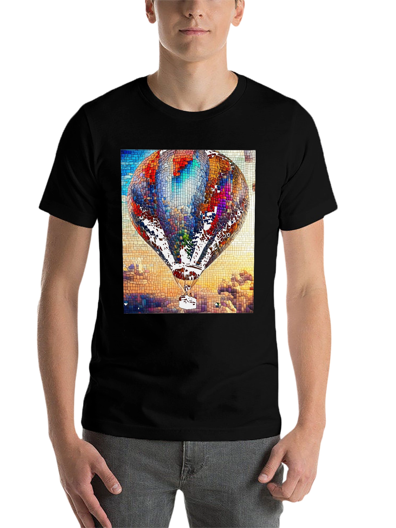 Black Mosaic Hot Air Balloon Black T-Shirt view 7