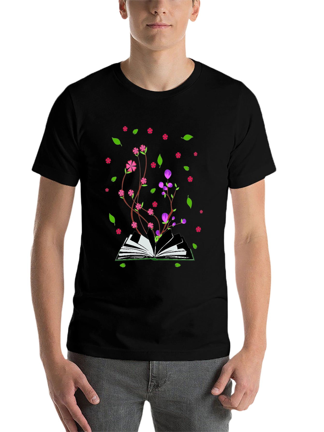 Black Blooming Book T-Shirt - Nature Inspired Design view 7