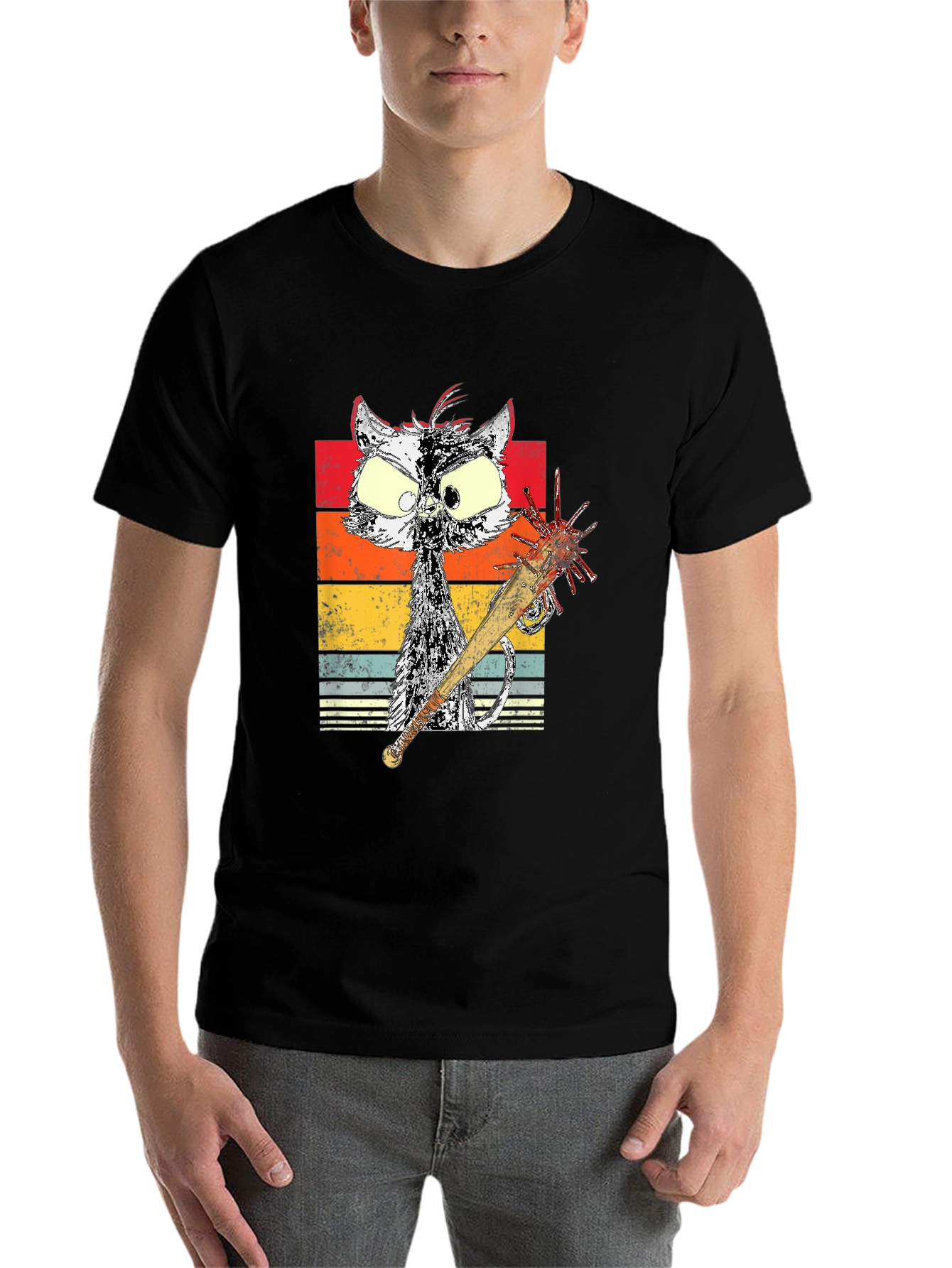 Black Retro Cat with Spiked Bat Graphic Tee view 7