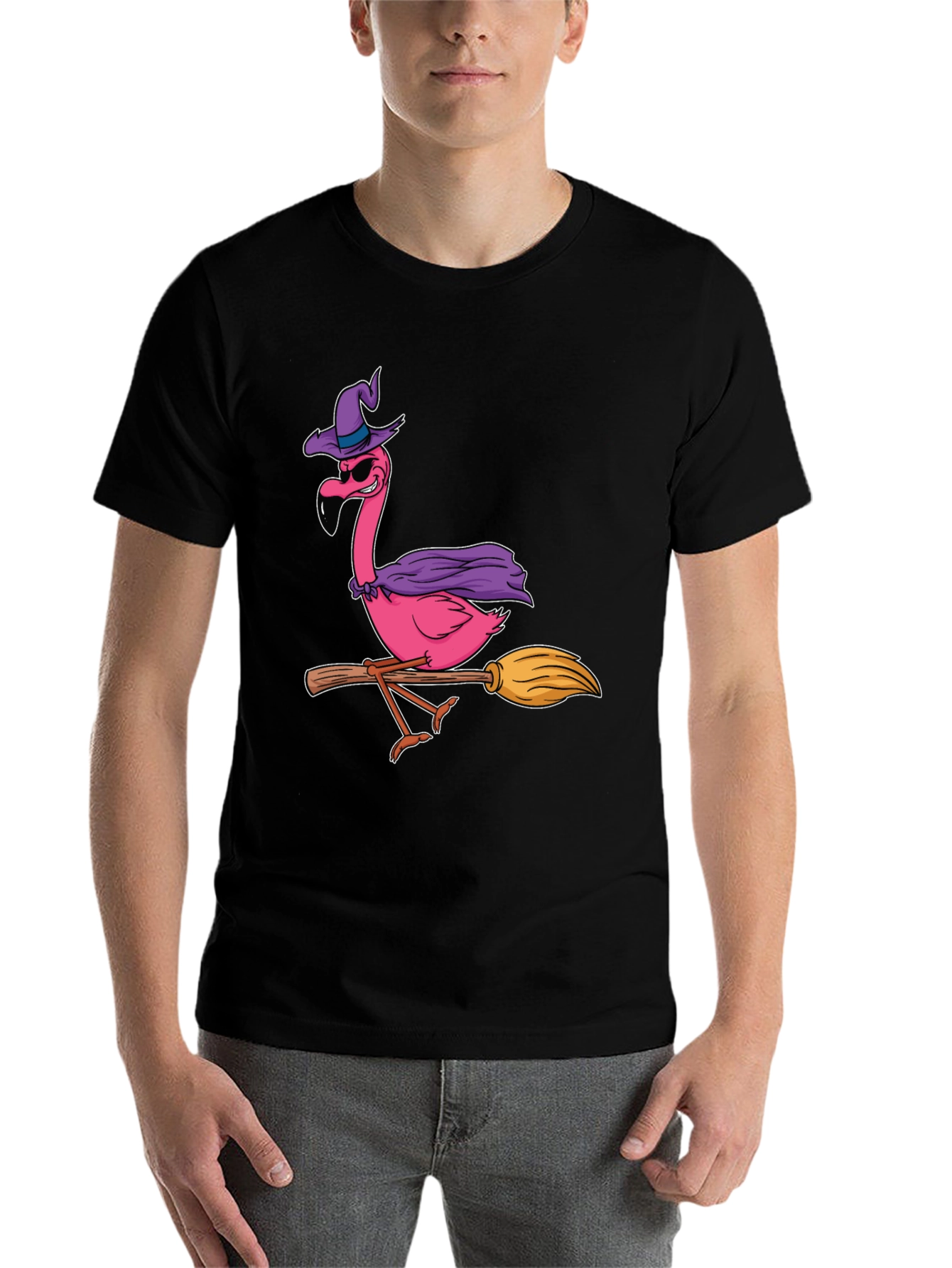 Black Witch Flamingo T-Shirt Halloween Costume Tee view 7