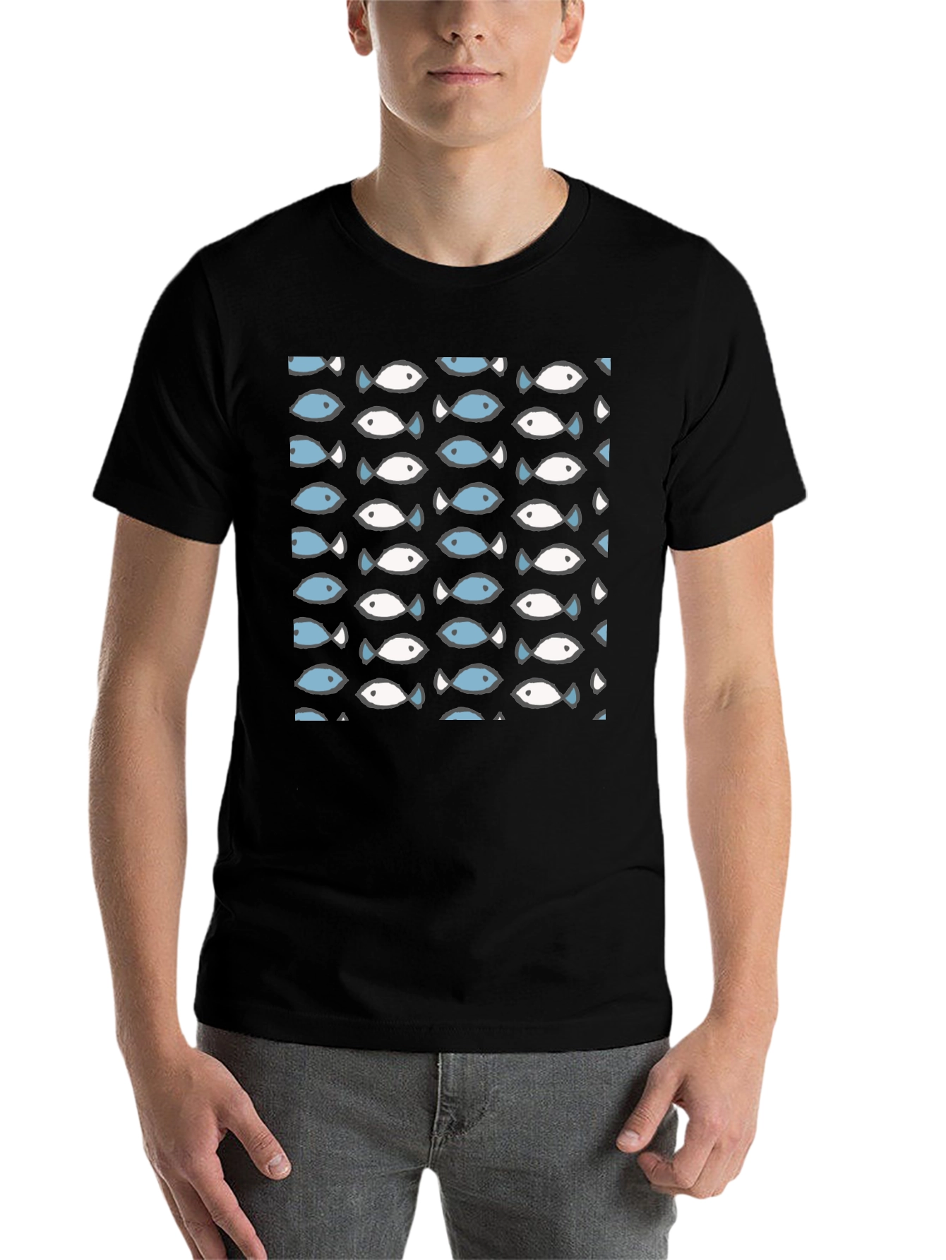Black Fish Pattern T-Shirt - Crew Neck view 7