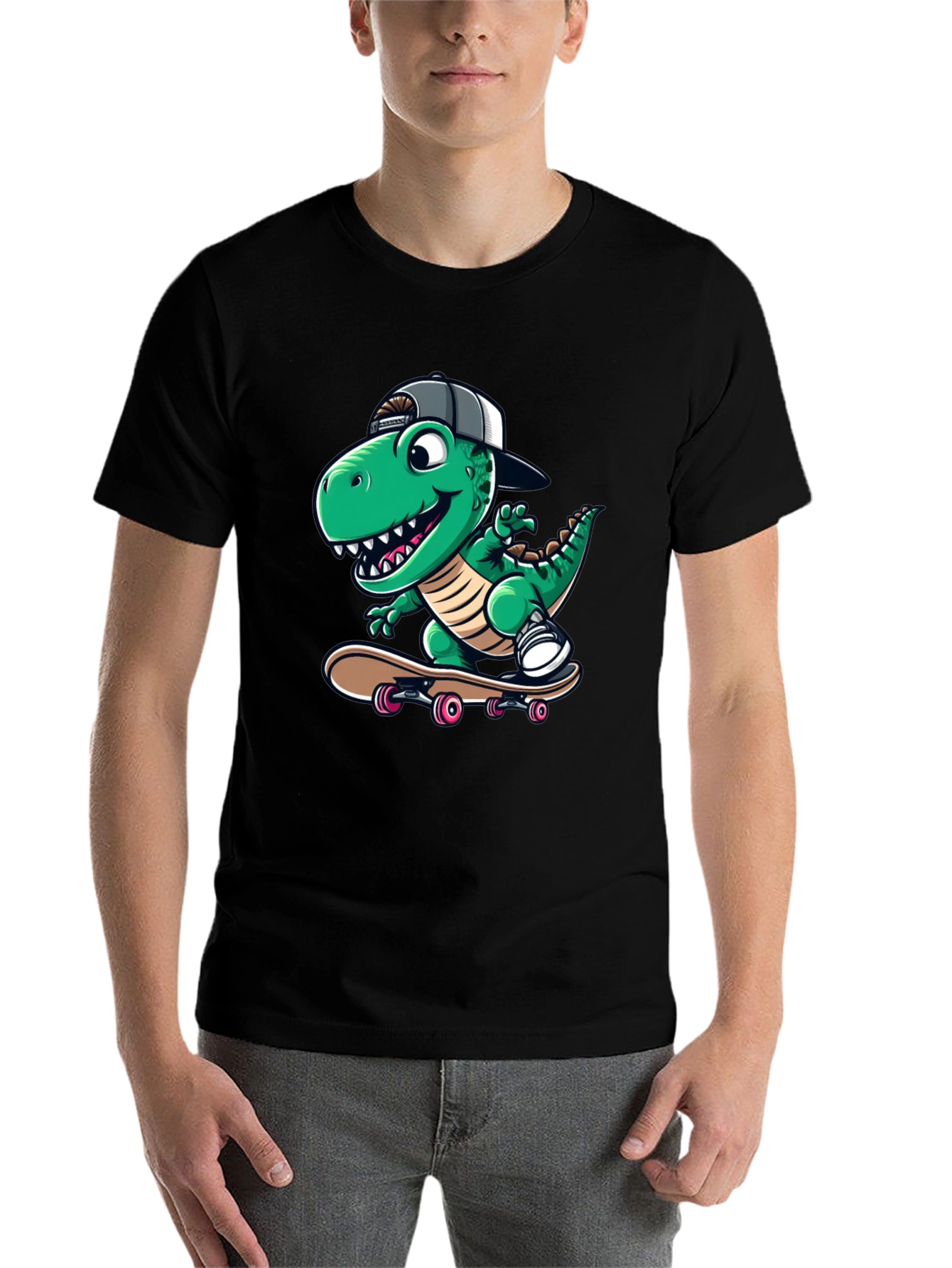 Black Cool Dinosaur Skateboarder T-Shirt view 7