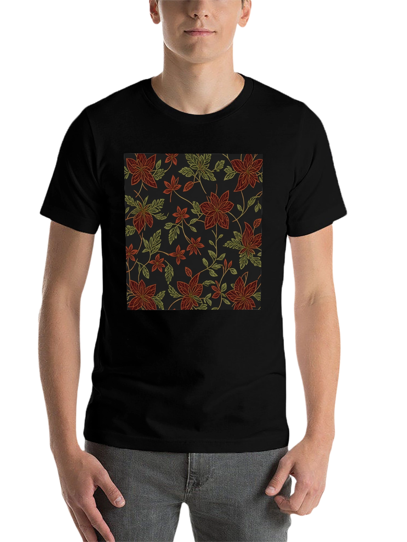 Black Floral Pattern Black T-Shirt view 7