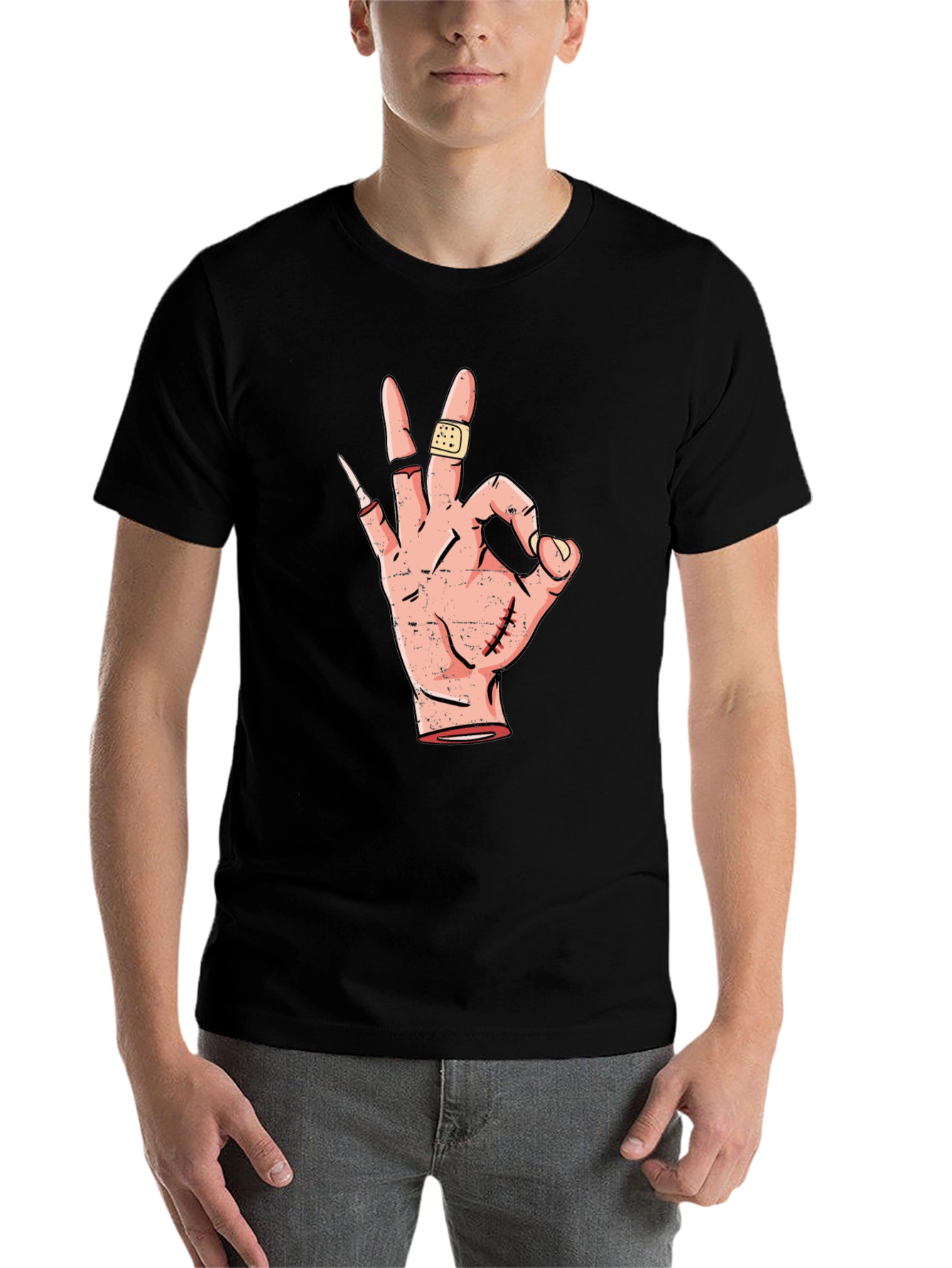 Black Funny OK Hand Sign Graphic Tee - Black Cotton T-Shirt view 7