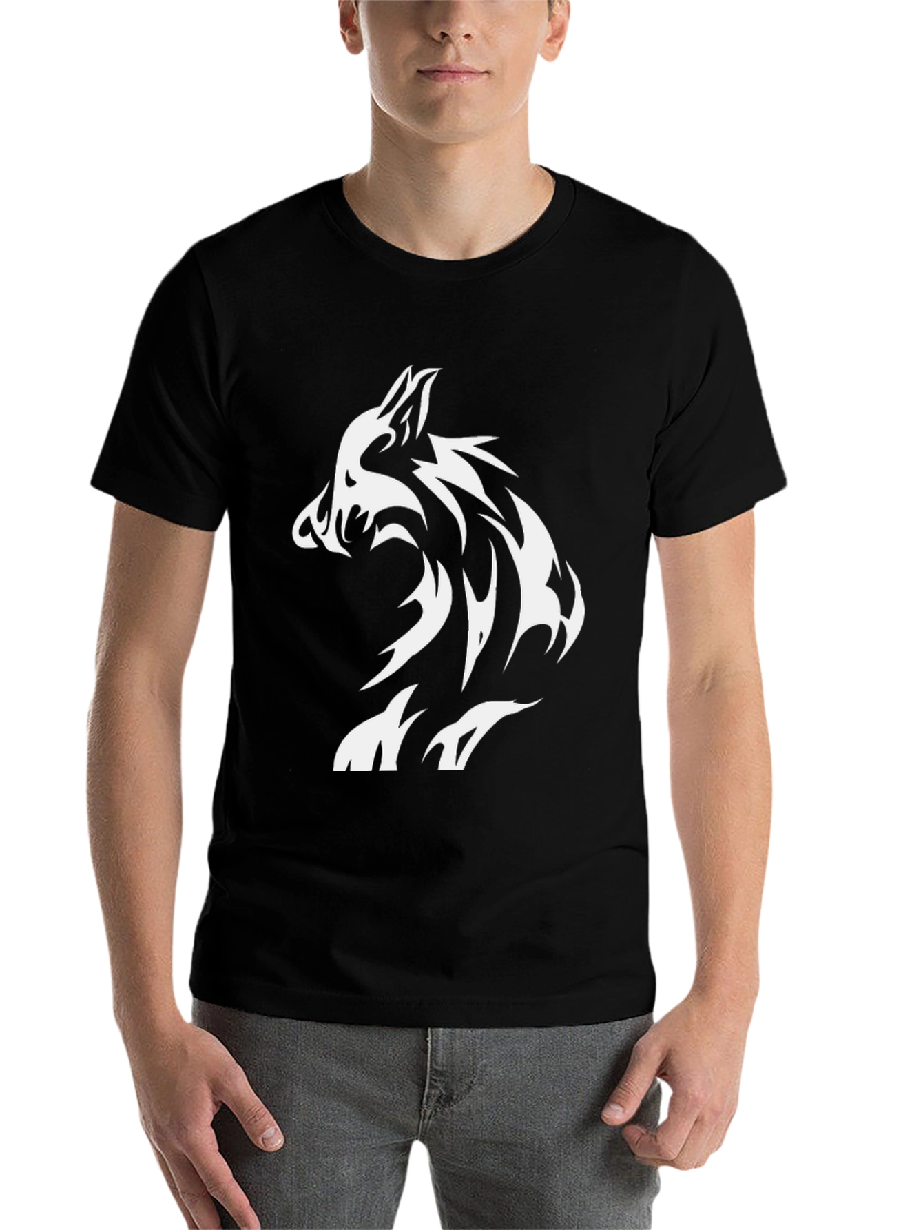 Black Men's Black Wolf Graphic Tee - Cool Tribal Design view 7