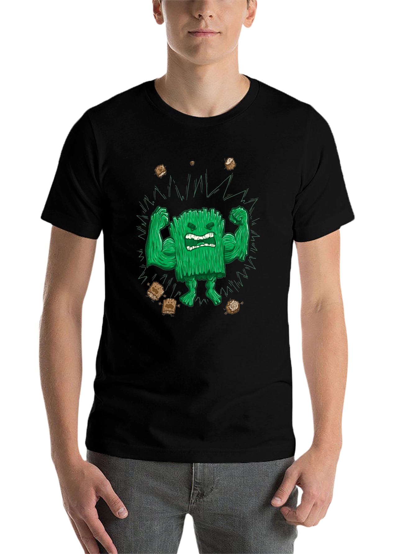 Black Funny Graphic T-Shirt: Grass Character Flexing view 7