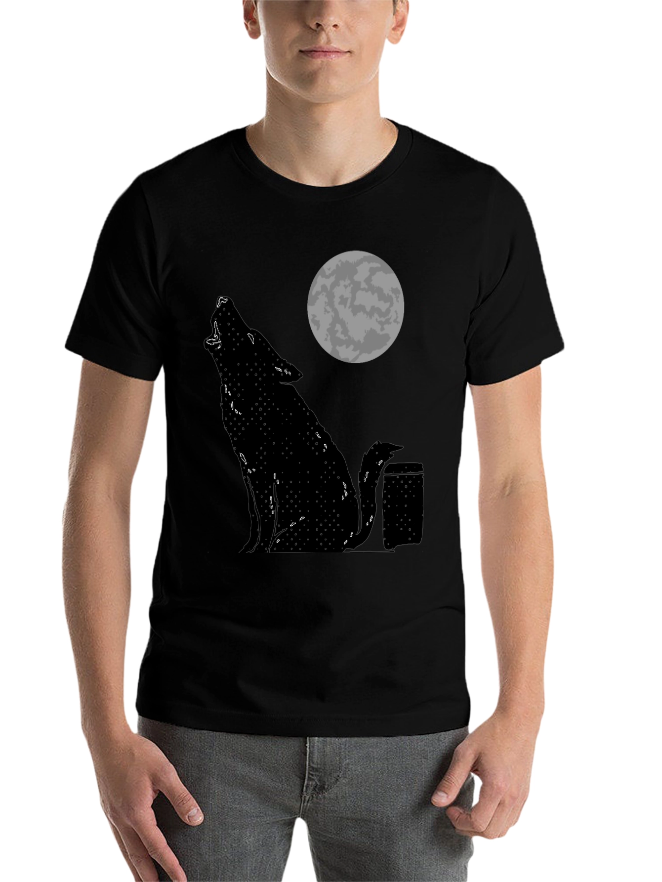 Black Wolf Howling at Moon Graphic Tee - Black Cotton T-Shirt view 7