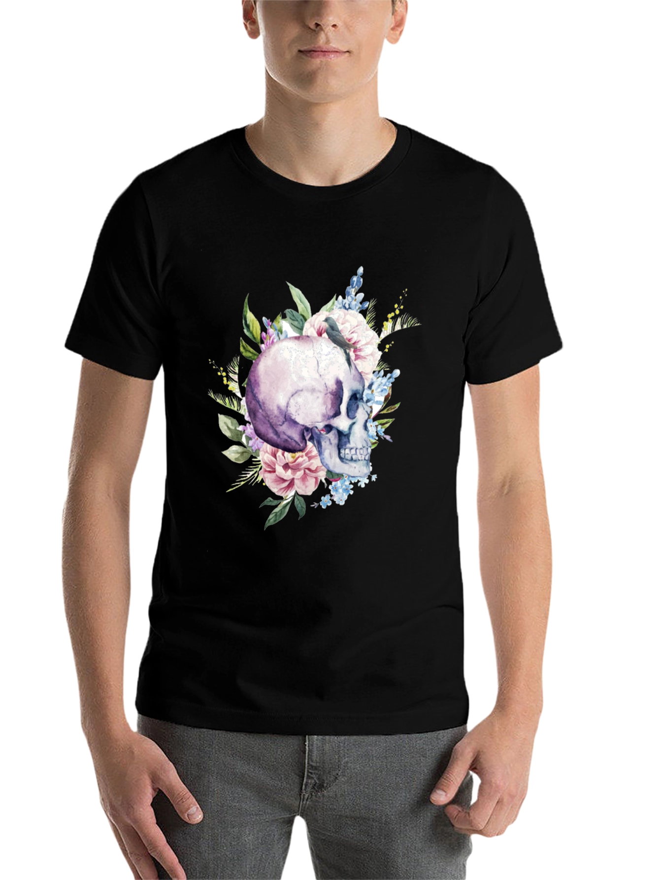 Black Floral Skull Graphic T-Shirt - Men's view 7